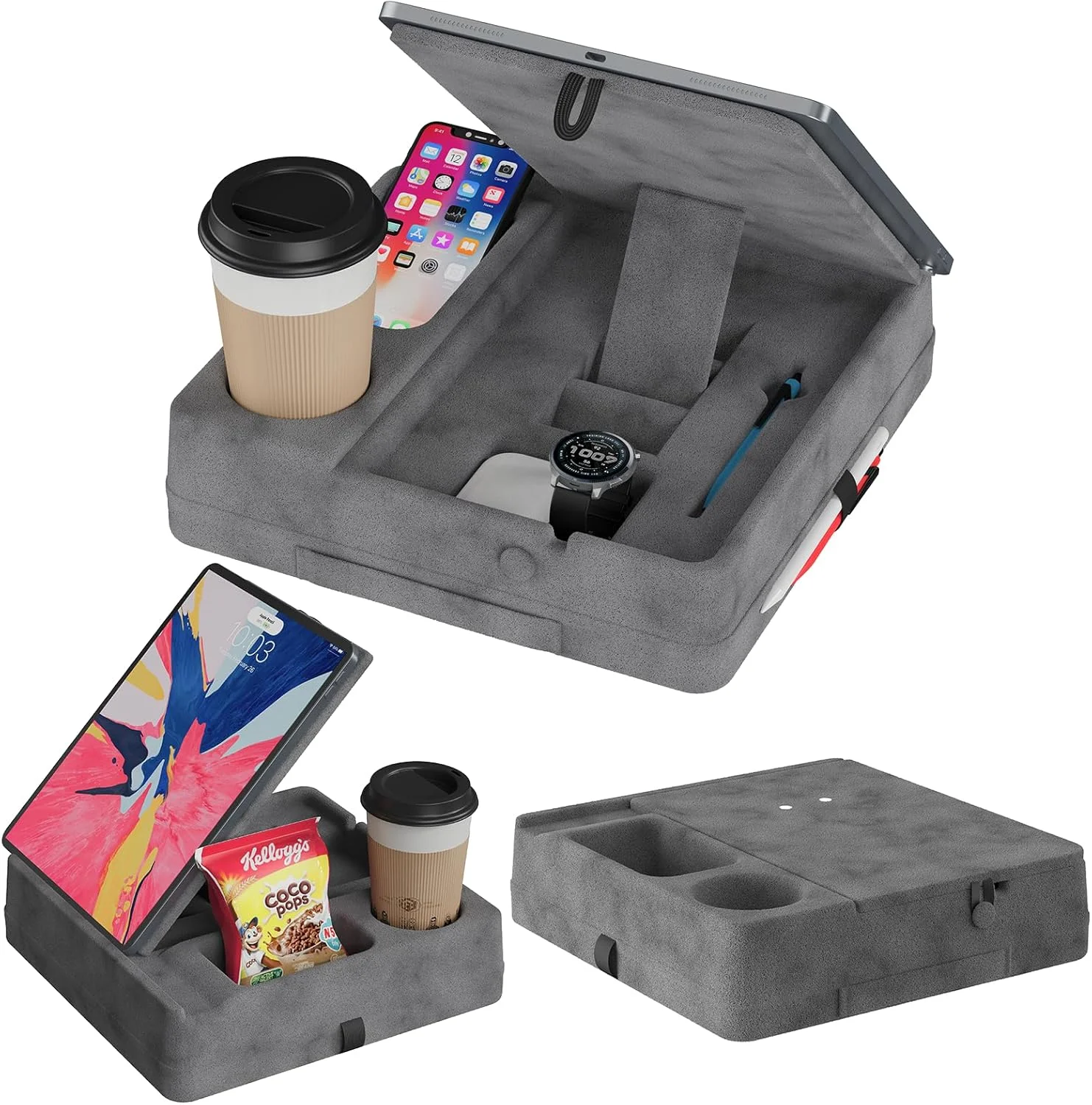 پایه نگهدارنده تبلت، مناسب برای استفاده روی پا، تخت و میز، نگهدارنده تاشو و نرم آیپد به همراه جای خوراکی، مناسب برای کیندل، تلفن، تبلت، کتابخوان الکترونیکی، برای مطالعه و استراحت در تخت، مبل و صندلی، خاکستری