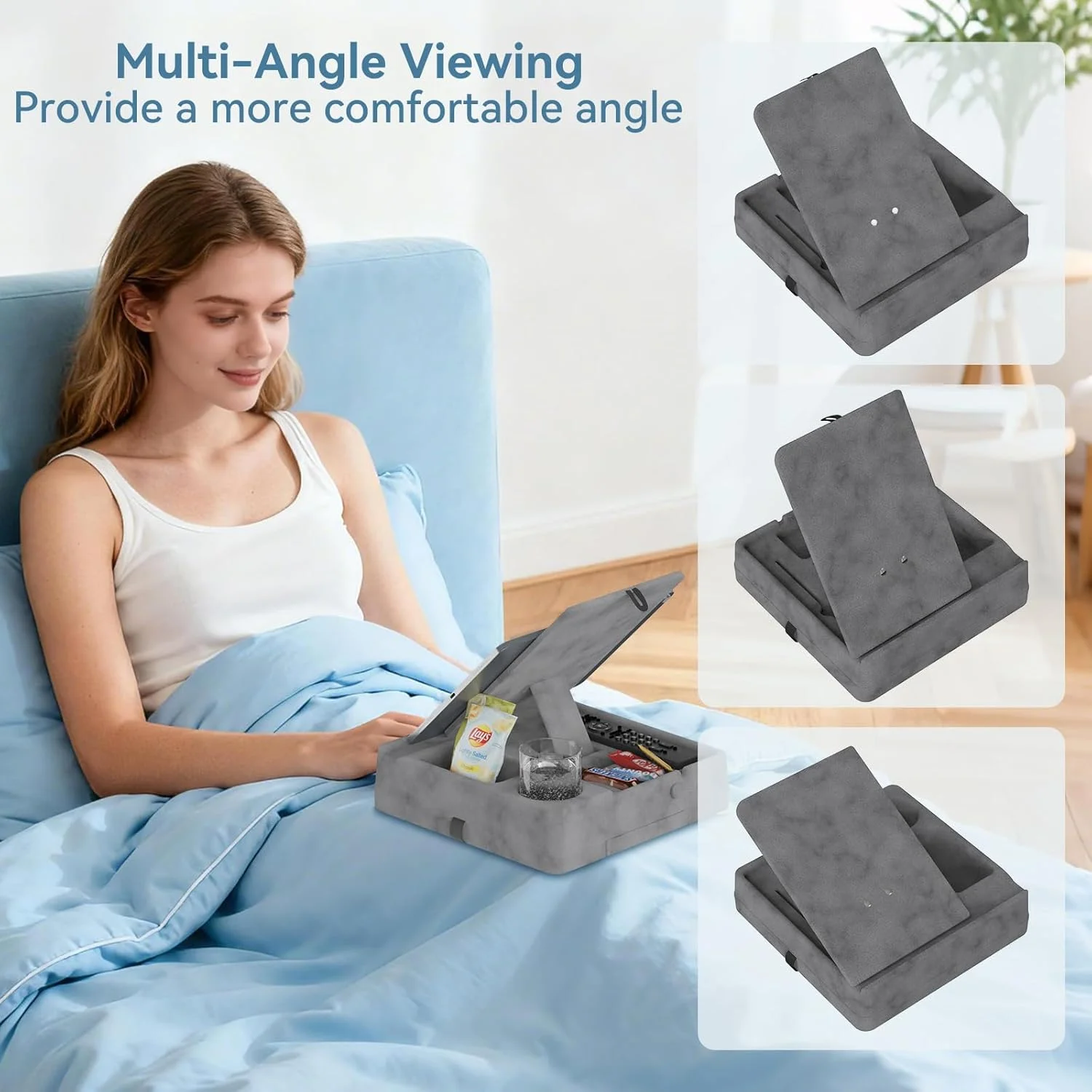 پایه نگهدارنده تبلت، مناسب برای استفاده روی پا، تخت و میز، نگهدارنده تاشو و نرم آیپد به همراه جای خوراکی، مناسب برای کیندل، تلفن، تبلت، کتابخوان الکترونیکی، برای مطالعه و استراحت در تخت، مبل و صندلی، خاکستری