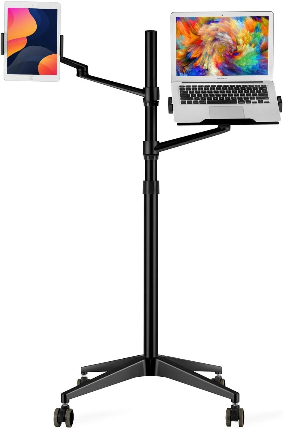 پایه نگهدارنده دو بازویی با قابلیت تنظیم ارتفاع و چرخ دار برای لپ تاپ 11-17 اینچ و سازگار با آیپد، آیپد مینی، آیپد پرو 12.9 اینچ، تبلت، کتابخوان الکترونیکی (مشکی 4 پایه)