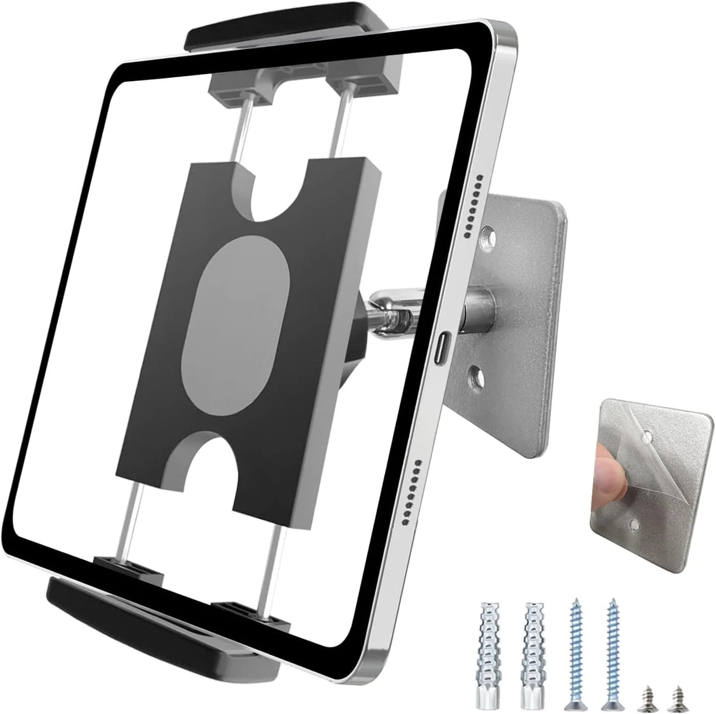 نگهدارنده دیواری تبلت، بازوی نگهدارنده تبلت دیواری با قابلیت تنظیم زاویه [نصب با چسب و پیچ] مناسب برای تبلت های آیپد و تلفن های هوشمند، ایده آل برای آشپزخانه، حمام و اداره