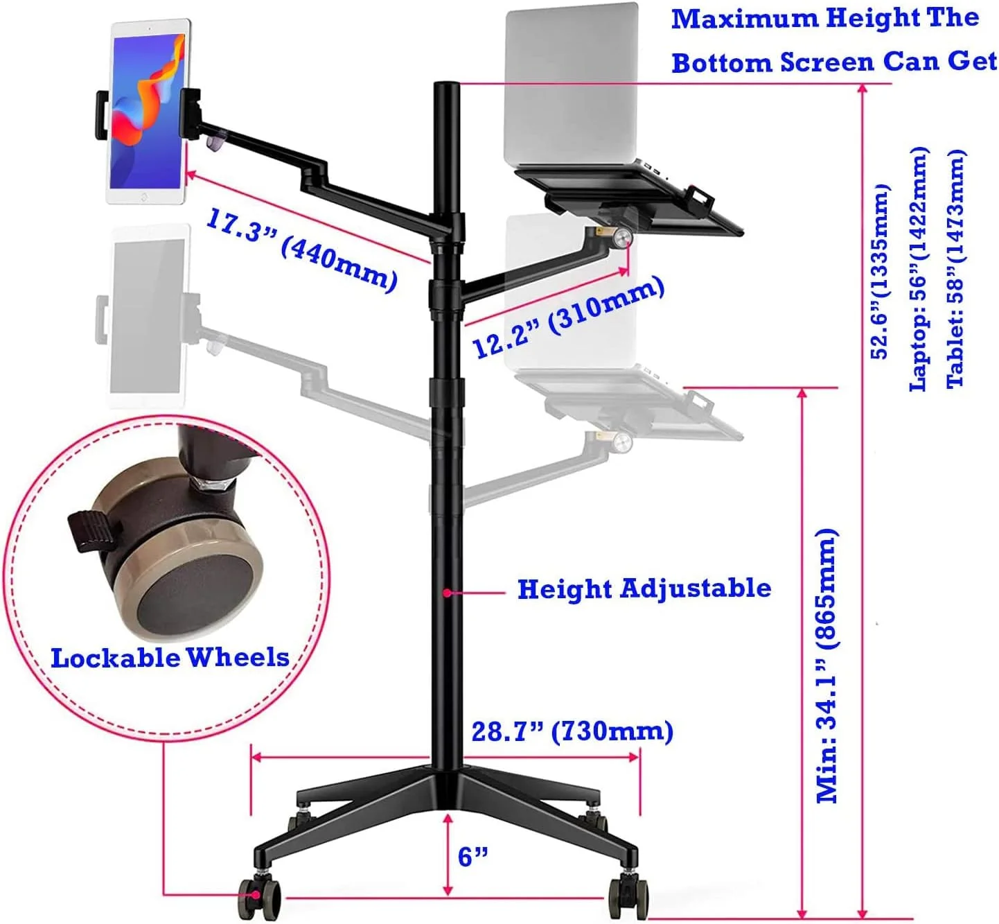 پایه نگهدارنده دو بازویی با قابلیت تنظیم ارتفاع و چرخ دار برای لپ تاپ 11-17 اینچ و سازگار با آیپد، آیپد مینی، آیپد پرو 12.9 اینچ، تبلت، کتابخوان الکترونیکی (مشکی 4 پایه)