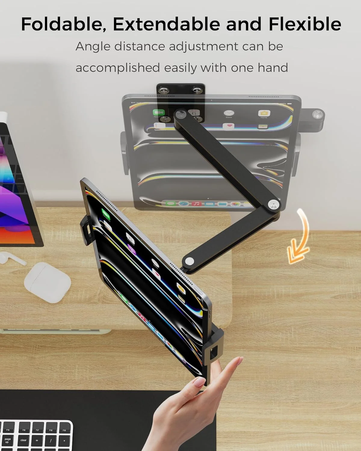 پایه دیواری تبلت برای آیپد، پایه مانیتور قابل حمل با قابلیت تنظیم 360 درجه، پایه دیواری بازوی بلند تاشو و قابل افزایش طول برای آیپد پرو ایر 13/11/12.9، آیپد 10/9، سامسونگ گلکسی تب، تبلت 7-15.6 اینچی، تلفن