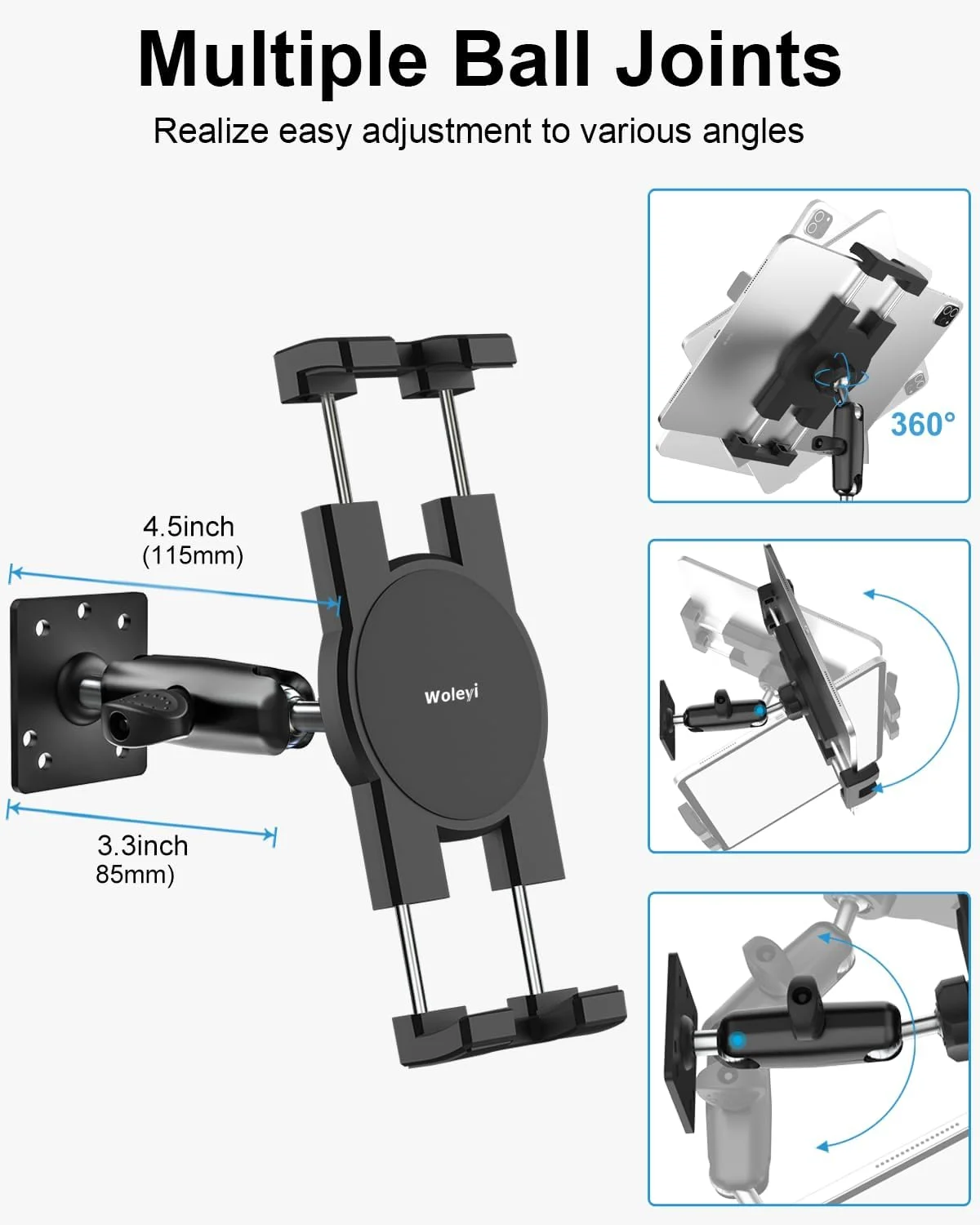 پایه نگهدارنده تبلت کوچک، هولدر آیپد دیواری فلزی با قابلیت تنظیم 360 درجه، موقعیت های سوراخ چندگانه، پایه آلیاژی و بازوی مفصلی، برای آیپد پرو ایر مینی، گلکسی تب، زد فولد، فایر اچ دی، سرفیس، آیفون، دستگاه های 4-13 اینچی