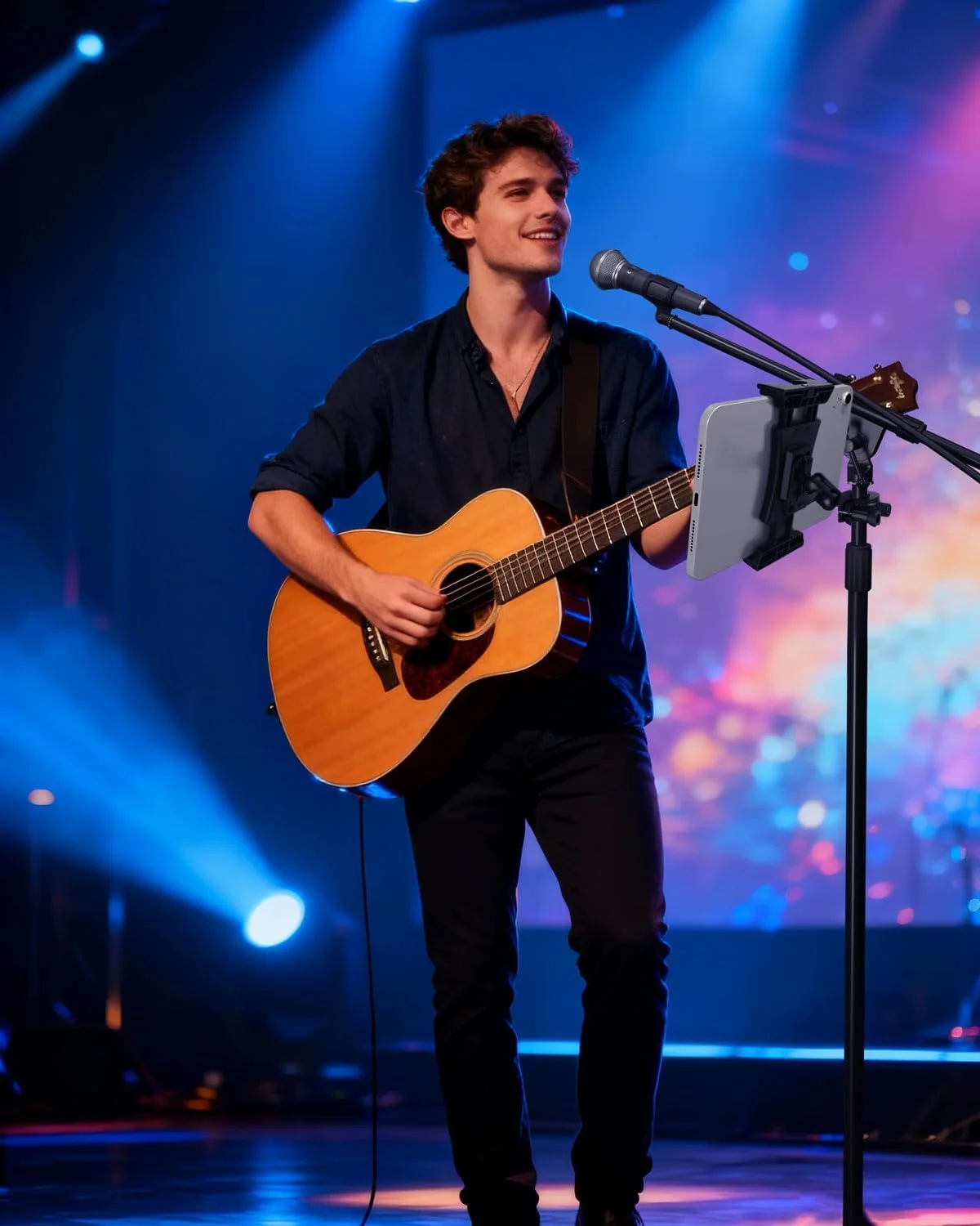 نگهدارنده تبلت Sunmig برای پایه میکروفون، پایه نگهدارنده آیپد قابل تنظیم پایه میکروفون موسیقی، نگهدارنده تلفن چرخشی سازگار با آیپد پرو ایر مینی آیفون، همه تلفن های هوشمند 4-13.5 اینچ