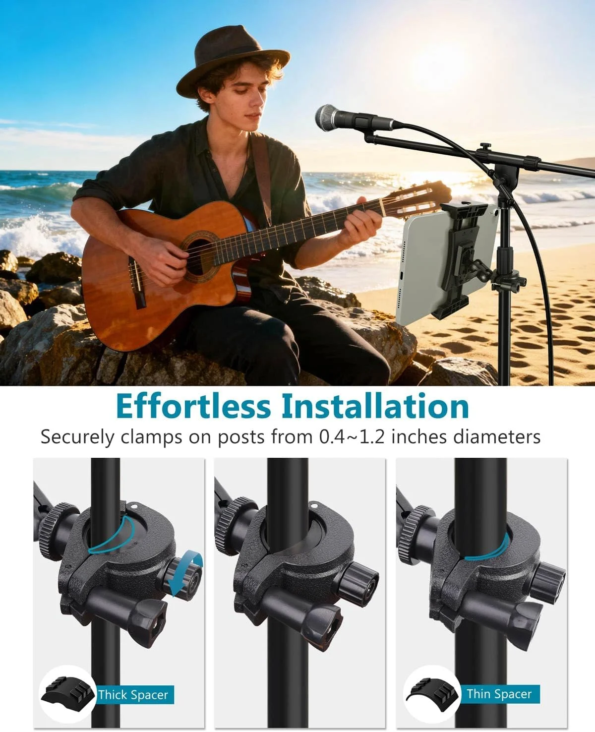 نگهدارنده تبلت Sunmig برای پایه میکروفون، پایه نگهدارنده آیپد قابل تنظیم پایه میکروفون موسیقی، نگهدارنده تلفن چرخشی سازگار با آیپد پرو ایر مینی آیفون، همه تلفن های هوشمند 4-13.5 اینچ