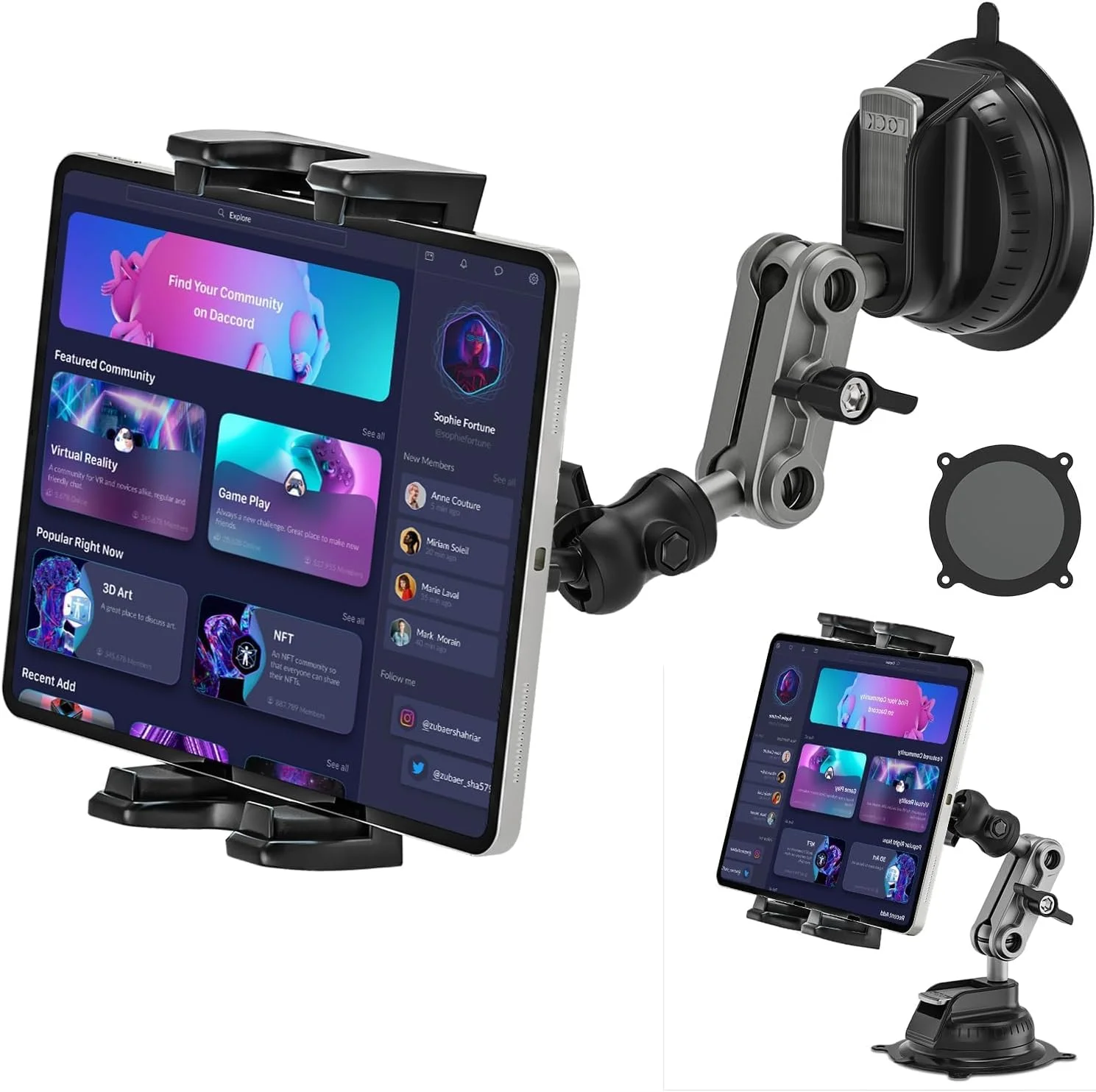 پایه تبلت برای خودرو/کامیون، مقاوم، با قابلیت چرخش 360 درجه، پایه نگهدارنده تبلت دیواری برای آشپزخانه، داشبورد خودرو، شیشه جلو، سازگار با تبلت ها و تلفن های همراه 4.7-12.9 اینچی iPad Pro/Air/Mini