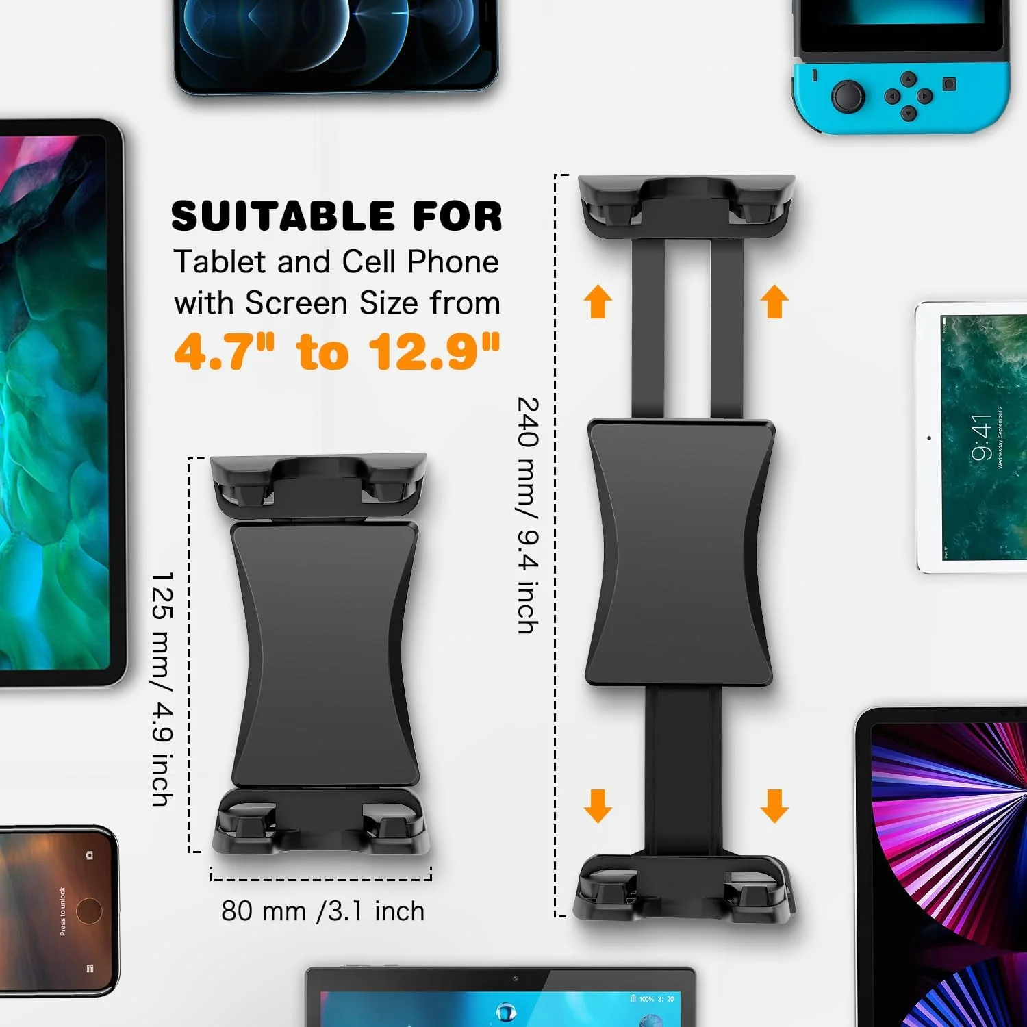 پایه تبلت برای خودرو/کامیون، مقاوم، با قابلیت چرخش 360 درجه، پایه نگهدارنده تبلت دیواری برای آشپزخانه، داشبورد خودرو، شیشه جلو، سازگار با تبلت ها و تلفن های همراه 4.7-12.9 اینچی iPad Pro/Air/Mini