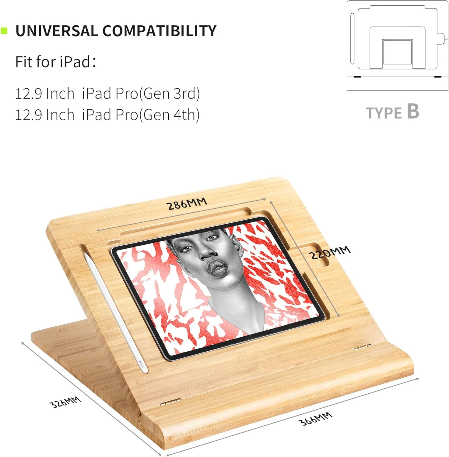 پایه رومیزی تبلت ELETIUO با قابلیت تنظیم ارتفاع، نگهدارنده تاشو بامبو برای آیپد طراحی، سازمان دهنده پایه قابل حمل چند زاویه، سازگار با آیپد پرو 12.9 اینچی نسل 3/4