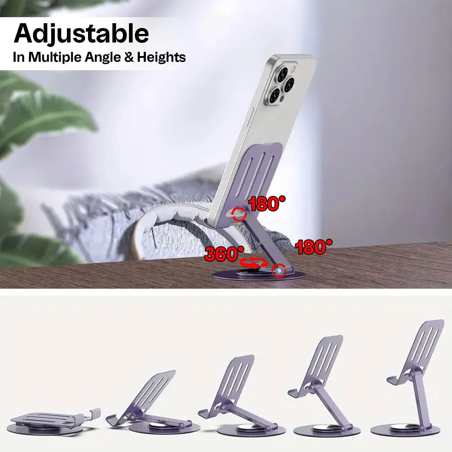 پایه نگهدارنده تبلت و گوشی فلزی قابل تنظیم با قابلیت چرخش 360 درجه - پایه رومیزی تاشو و جهانی - سازگار با دستگاه های آیفون، آیپد، سامسونگ (بنفش روشن)