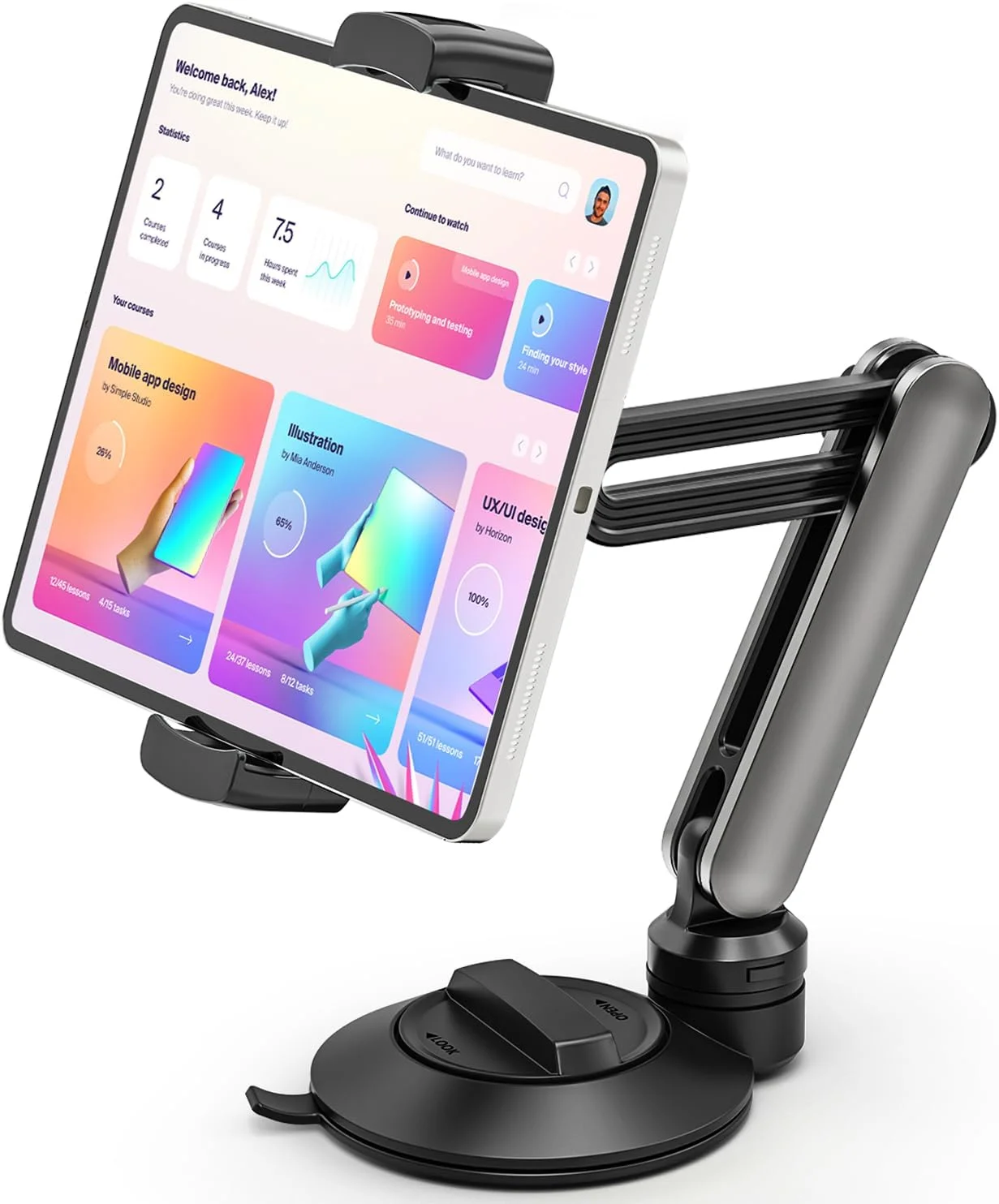 پایه تبلت برای میز، پایه داشبوردی تبلت با قابلیت تنظیم ارتفاع و با مکنده 4 اینچی برای میز، پنجره، آینه، داشبورد ماشین و کامیون، پایه مکنده آیپد با قابلیت چرخش 360 درجه برای تبلت ها و تلفن های هوشمند 4.7 تا 12.9 اینچی