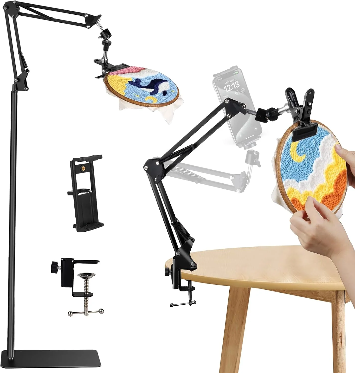 پایه کارگاه گلدوزی مشکی قابل تنظیم برای کار دستی، پایه نگهدارنده 3 در 1 حلقه/تبلت/تلفن، پایه رومیزی گلدوزی، قاب کارگاه گلدوزی با قابلیت چرخش 360 درجه، پایه گلدوزی مناسب برای کیت گلدوزی