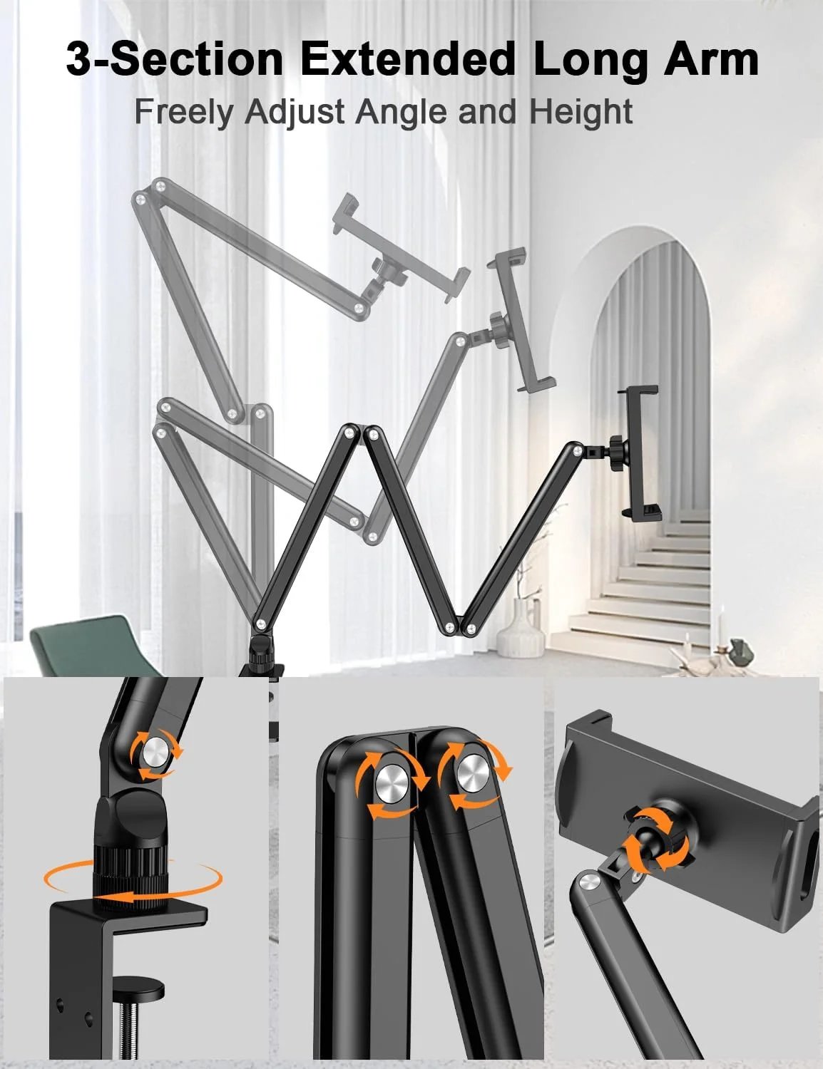 پایه تبلت برای میز/تخت، نگهدارنده آیپد با گیره قابل تنظیم، بازوی تبلت تاشو، چرخش 360 درجه، برای آیپد پرو 12.9/11، ایر، مینی، آیفون، گلکسی تب، تب های سامسونگ، نینتندو سوییچ با اندازه 5.1 تا 15.9 اینچ