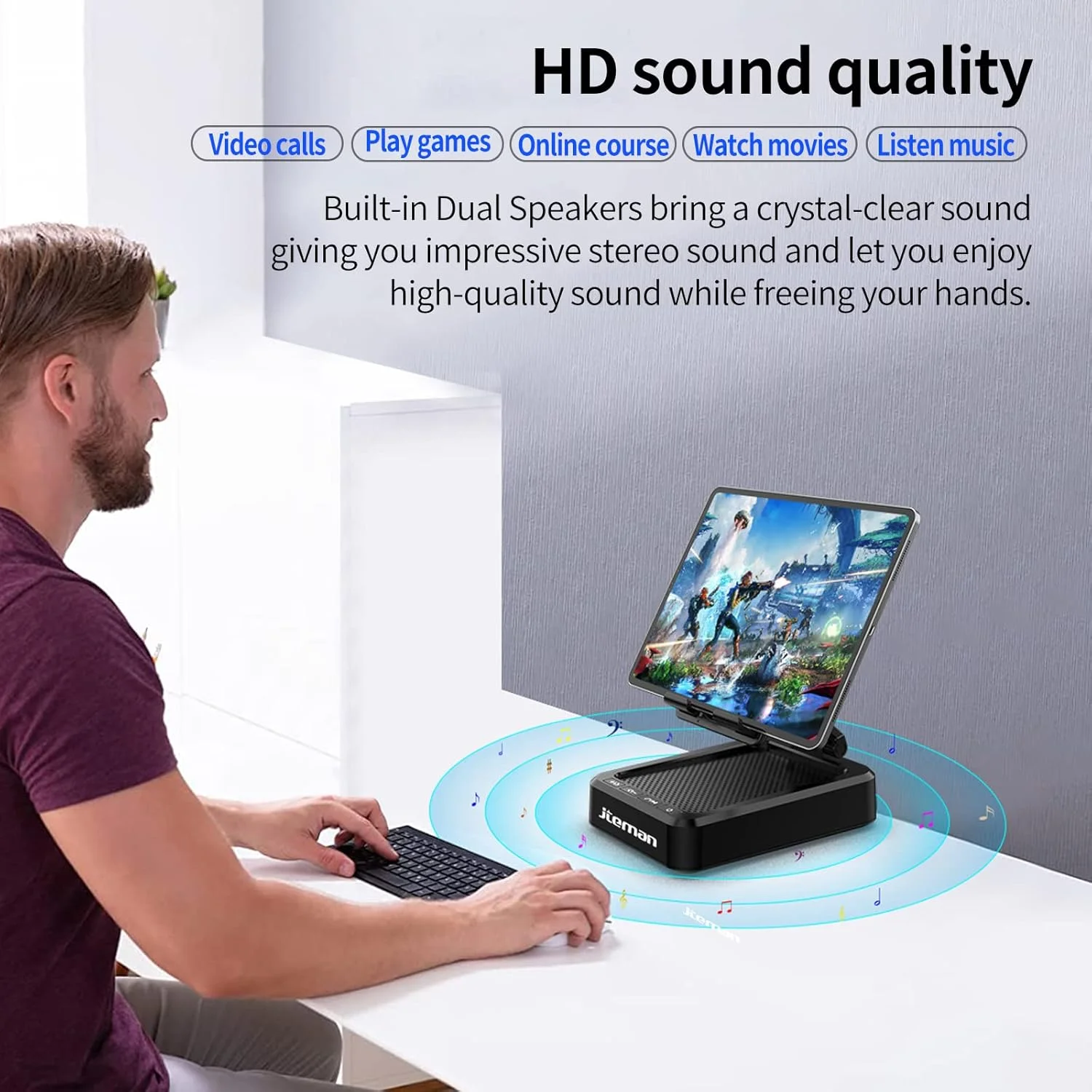 پایه تبلت قابل تنظیم JTEMAN با بلندگوهای بلوتوثی، ابزار آشپزخانه، هدیه برای زنان و مردان، هولدر تبلت با بلندگوی بلوتوثی بی‌سیم، استند شارژ رومیزی سازگار با تلفن و تبلت