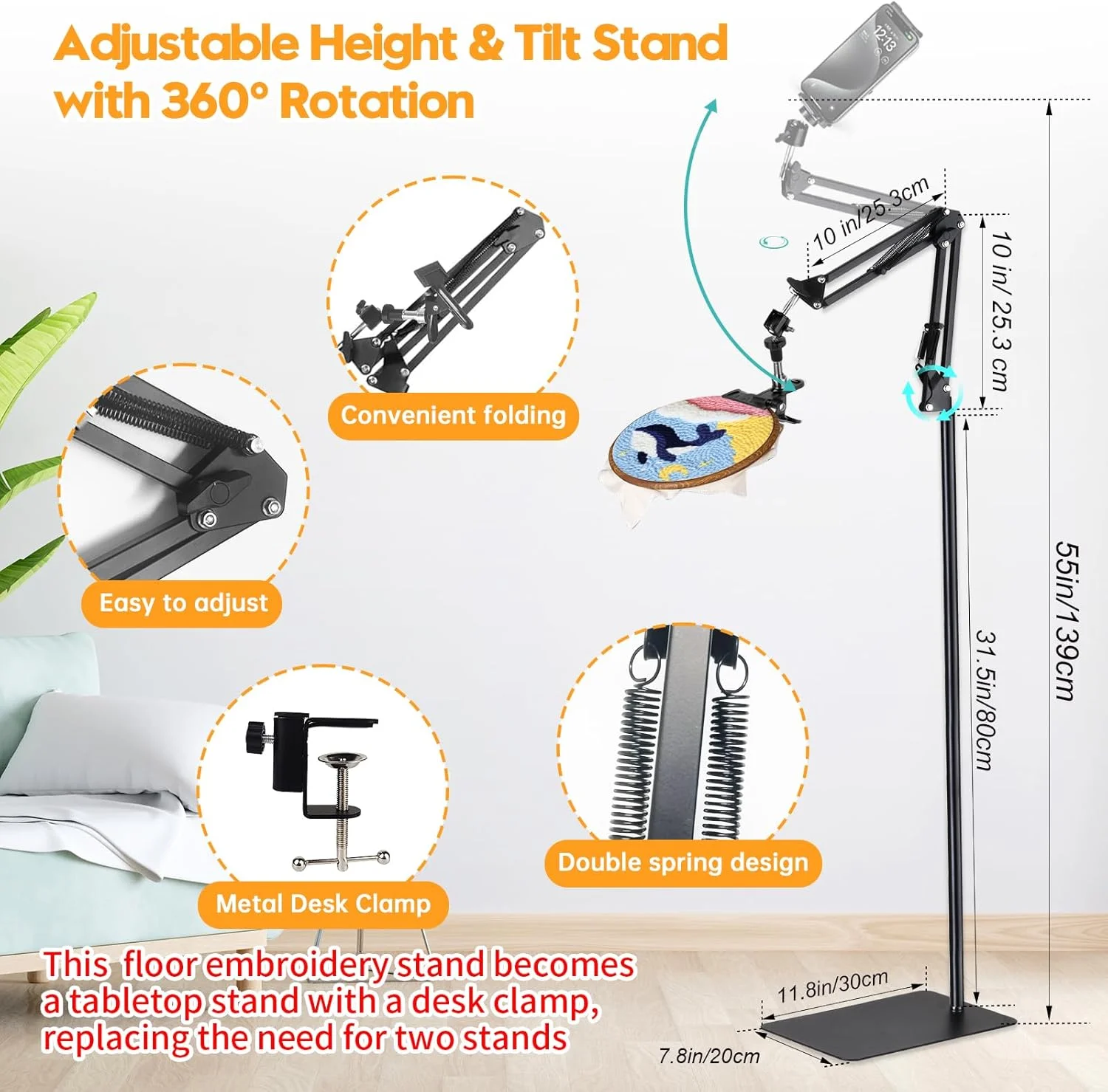 پایه کارگاه گلدوزی مشکی قابل تنظیم برای کار دستی، پایه نگهدارنده 3 در 1 حلقه/تبلت/تلفن، پایه رومیزی گلدوزی، قاب کارگاه گلدوزی با قابلیت چرخش 360 درجه، پایه گلدوزی مناسب برای کیت گلدوزی