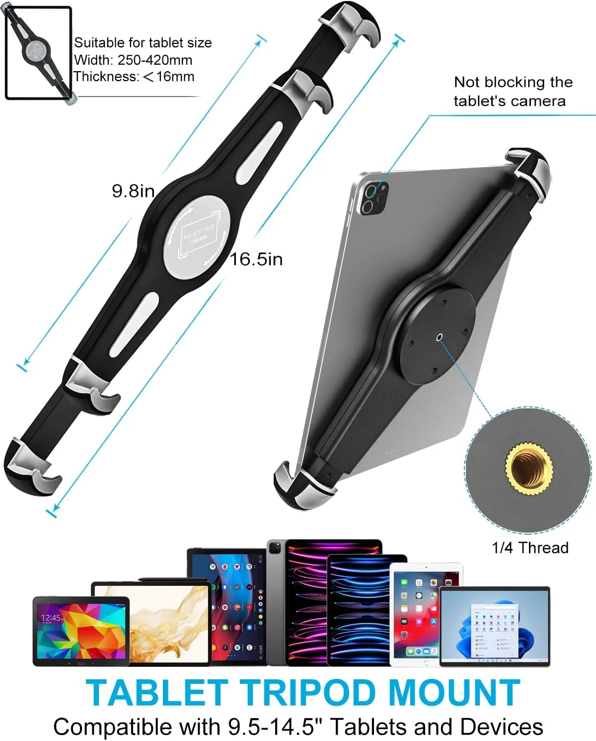 نگهدارنده تبلت گیره دوربین ریل صندلی خودرو یا کامیون، پایه نگهدارنده تبلت قابل تنظیم و سنگین برای کف خودرو با آداپتور پیچ 1/4 اینچی برای آیپد پرو 12.9/ایر، تبلت های گلکسی، سرفیس، تبلت های 9.5-14.5 اینچی/گوپرو