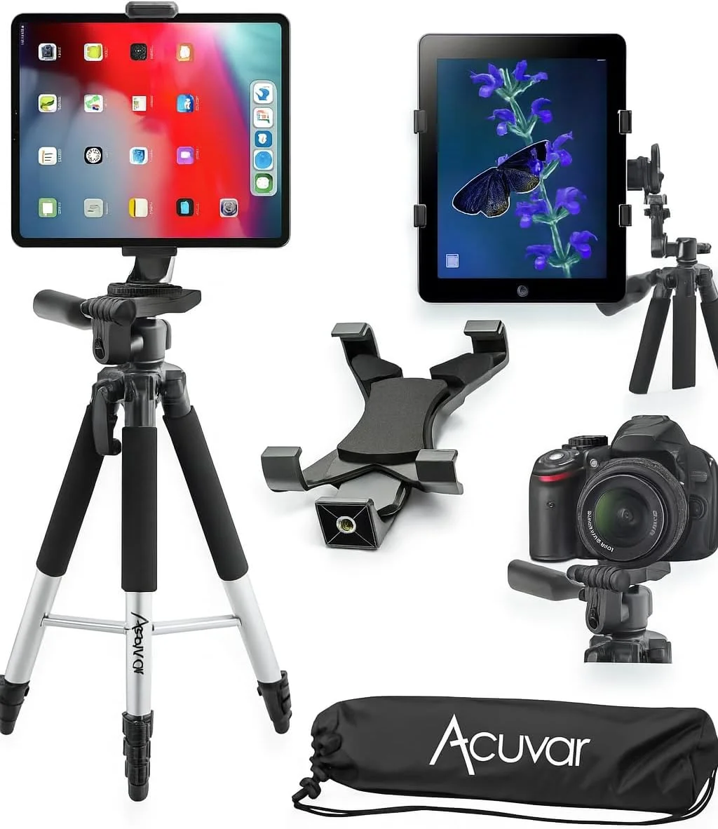 سه پایه آلومینیومی حرفه ای Acuvar 57 اینچی با آداپتور نصب سه پایه تبلت برای Apple iPad، iPad Air، iPad mini و اکثر تبلت های دیگر، پایه زمینی تبلت سازگار با iPad Pro، دوربین سه پایه آلومینیومی حرفه ای Acuvar 57 اینچی با آداپتور نصب سه پایه تبلت برای Apple iPad، iPad Air، iPad mini و اکثر تبلت های دیگر، پایه زمینی تبلت سازگار با iPad Pro، دوربین