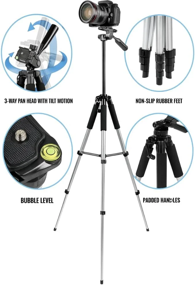 سه پایه آلومینیومی حرفه ای Acuvar 57 اینچی با آداپتور نصب سه پایه تبلت برای Apple iPad، iPad Air، iPad mini و اکثر تبلت های دیگر، پایه زمینی تبلت سازگار با iPad Pro، دوربین