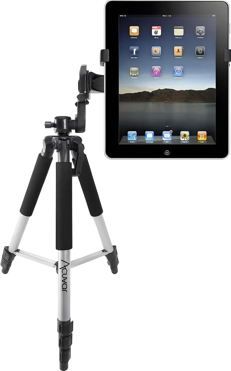 سه پایه آلومینیومی حرفه ای Acuvar 57 اینچی با آداپتور نصب سه پایه تبلت برای Apple iPad، iPad Air، iPad mini و اکثر تبلت های دیگر، پایه زمینی تبلت سازگار با iPad Pro، دوربین