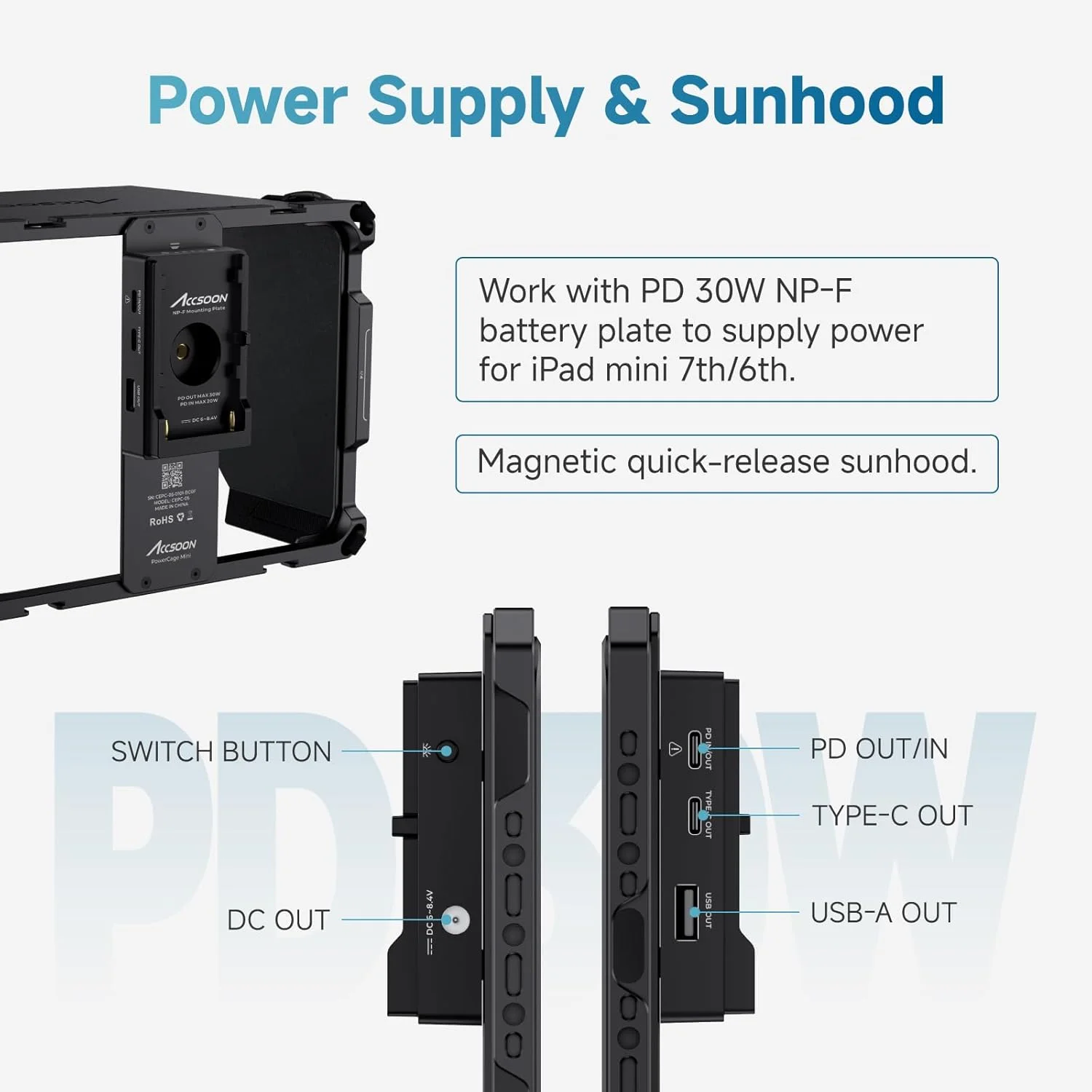 محافظ پاور کیج مینی Accsoon برای آیپد مینی 6/7 (A17 Pro) به همراه آفتابگیر، تثبیت کننده ویدئویی آیپد با آداپتور صفحه باتری NP-F، سازگار با SeeMo 4K/CineView برای پخش زنده/ضبط/نظارت ویدئو