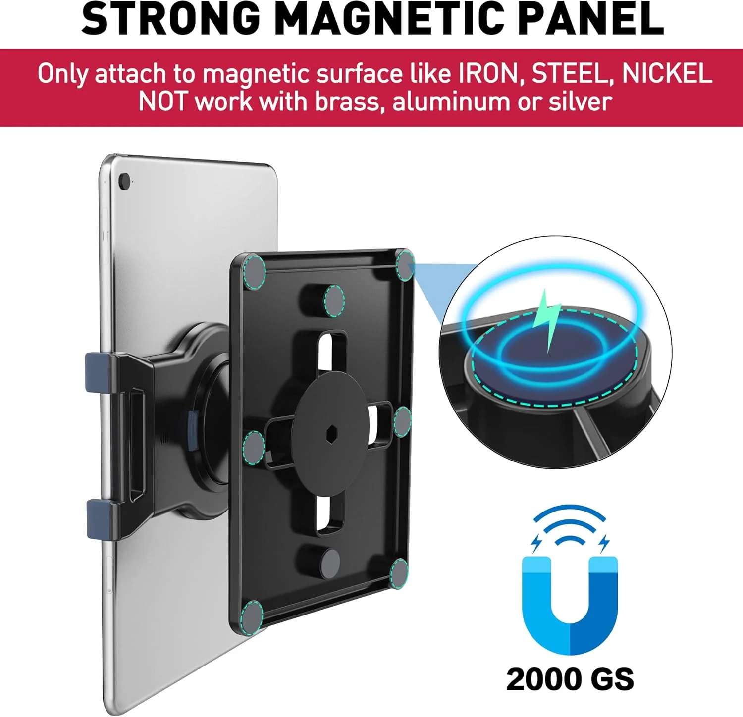 پایه تبلت مغناطیسی یونیورسال AboveTEK، استند تبلت چرخان، هولدر گیره ای با قابلیت چرخش 360 درجه مناسب برای تبلت های 6 تا 13 اینچی، اتصال قوی به سطوح فلزی مانند وایت برد، یخچال و درب خودرو