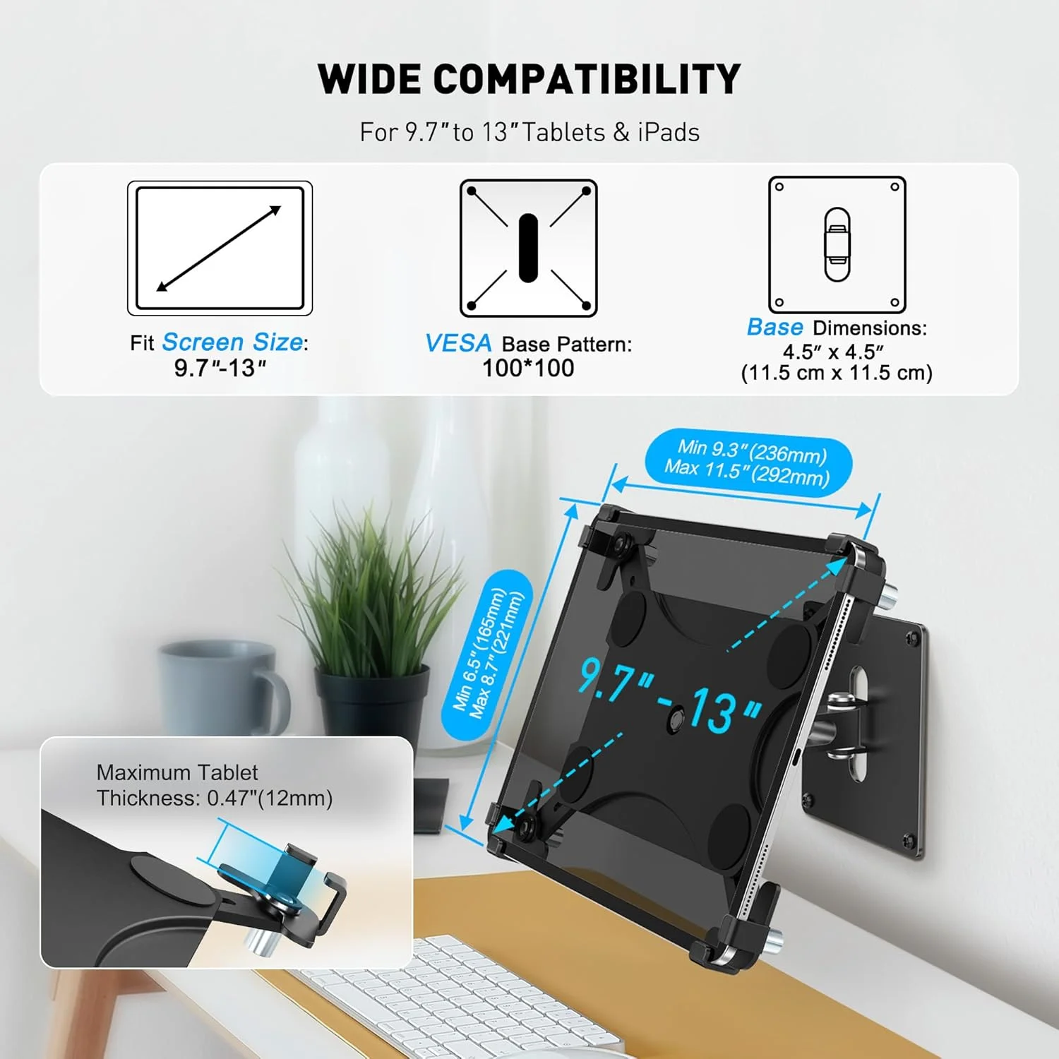 پایه دیواری تبلت یونیورسال AboveTEK، پایه آیپد ضد سرقت با محفظه قفل‌دار برای صفحه نمایش 9.7 تا 13 اینچ، کیوسک آلومینیومی سنگین برای نمایشگر POS تجاری، چرخش 360 درجه قابل تنظیم و پایه VESA شیب‌دار