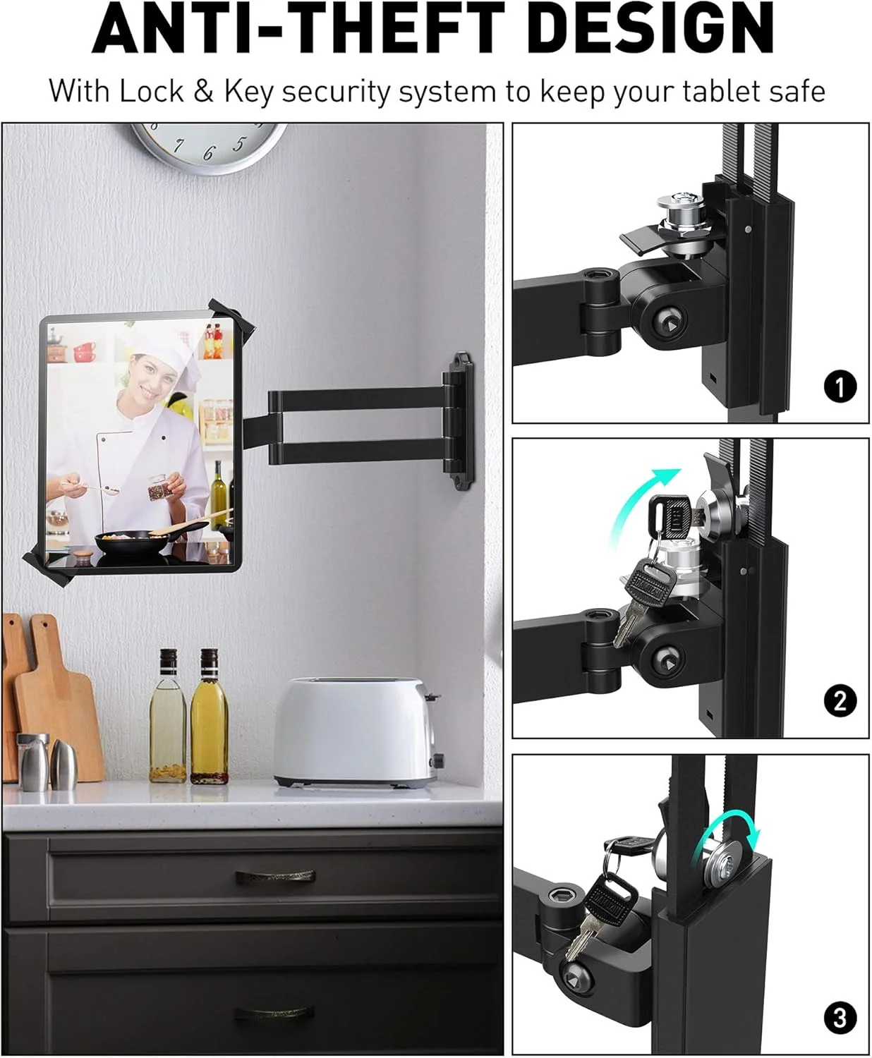 پایه دیواری تبلت AboveTEK - نگهدارنده تبلت با چرخش 360 درجه و بازوی توسعه دهنده، مناسب برای تبلت های 7 تا 11 اینچی شامل آیپد پرو/ایر/مینی، گلکسی تب - قفل و کلید امنیتی - (مشکی) پایه دیواری تبلت AboveTEK - نگهدارنده تبلت با چرخش 360 درجه و بازوی توسعه دهنده، مناسب برای تبلت های 7 تا 11 اینچی شامل آیپد پرو/ایر/مینی، گلکسی تب - قفل و کلید امنیتی - (مشکی)