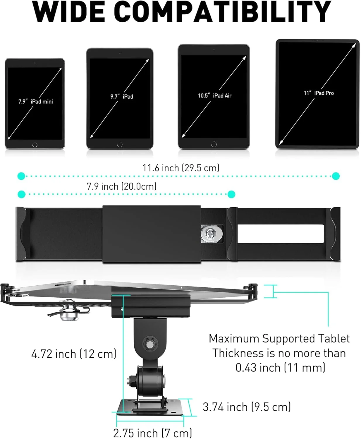 پایه دیواری تبلت AboveTEK با قابلیت چرخش 360 درجه، مناسب برای استفاده در فروشگاه ها و کسب و کارها، سازگار با تبلت های 7 تا 11 اینچی شامل آیپد پرو/ایر/مینی، گلکسی تب - دارای قفل و کلید امنیتی - (مشکی)