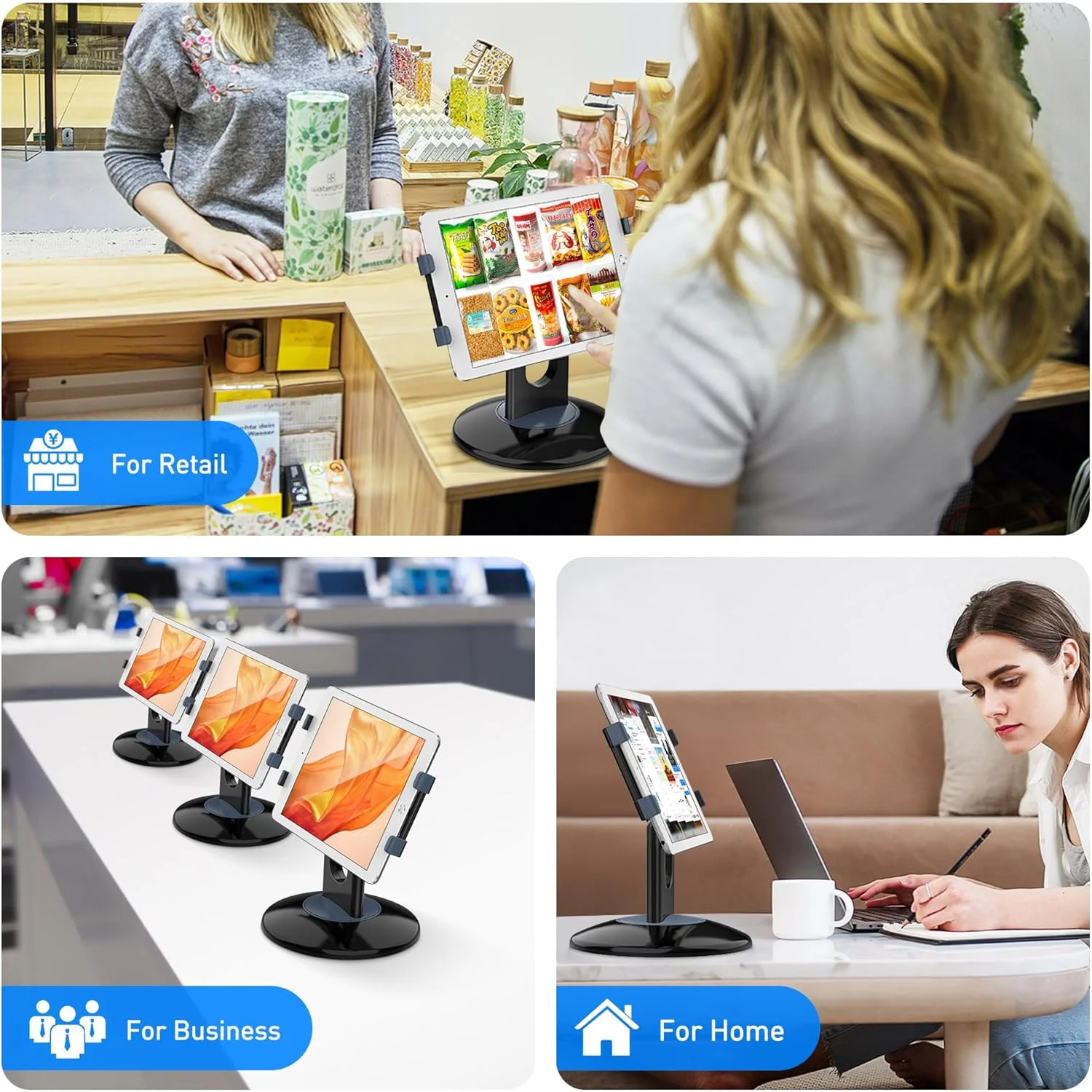 پایه تبلت کیوسکی فروشگاهی AboveTEK، پایه تبلت POS تجاری با چرخش 360 درجه، مناسب برای تبلت های 6 تا 13 اینچی، پایه نگهدارنده تبلت چرخشی مناسب برای فروشگاه، دفتر، پذیرش، آشپزخانه، رومیزی (مشکی)