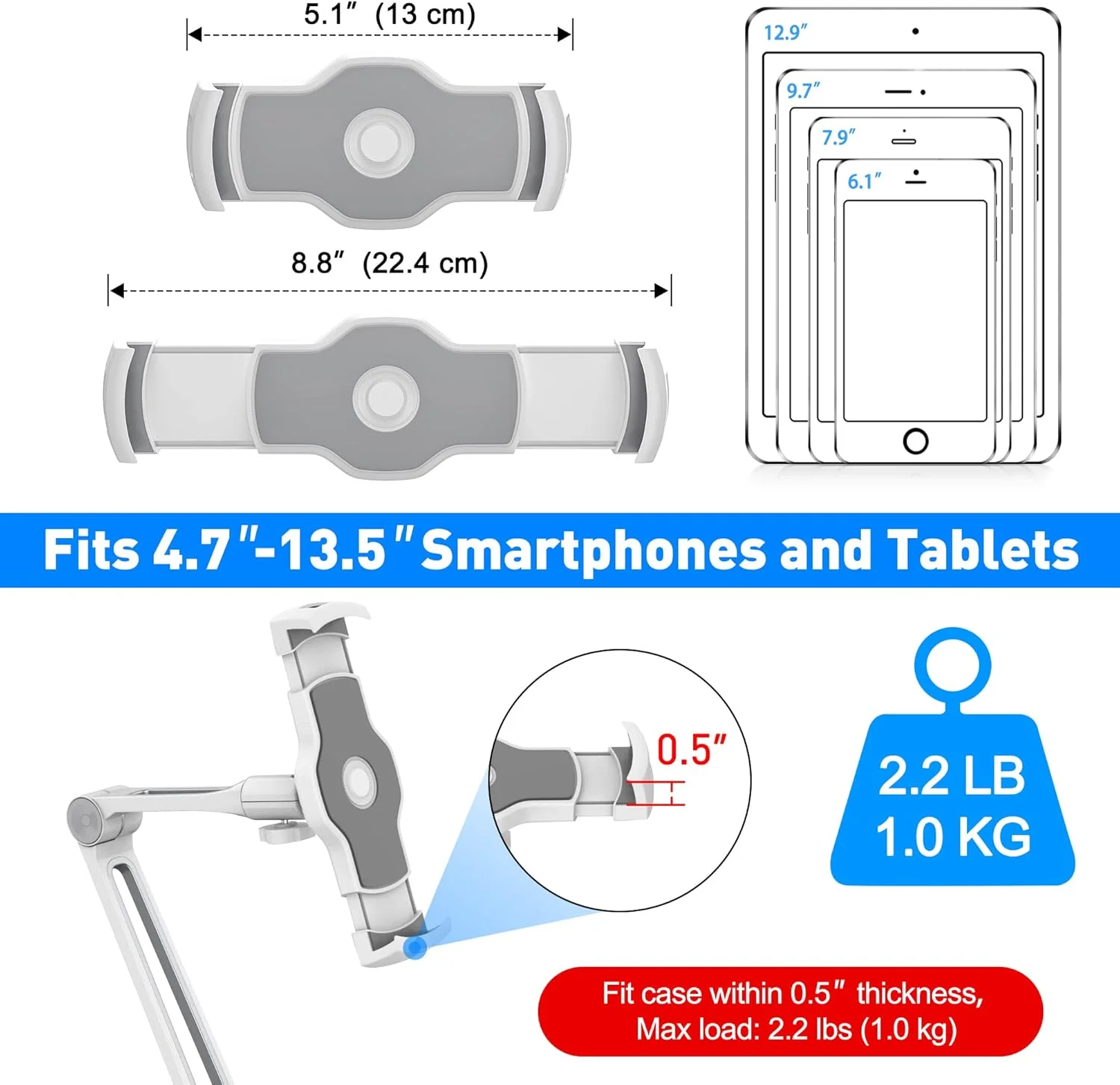 پایه نگهدارنده آیپد AboveTEK زیر کابینتی، پایه دیواری آیپد 360 درجه با انعطاف پذیری بالا برای آشپزخانه، نگهدارنده تبلت زیر سقفی و زیر پیشخوان، پایه آیپد آشپزخانه مناسب برای آیپد 4.7 تا 13.5 اینچی، مینی، ایر، سرفیس پرو - سفید