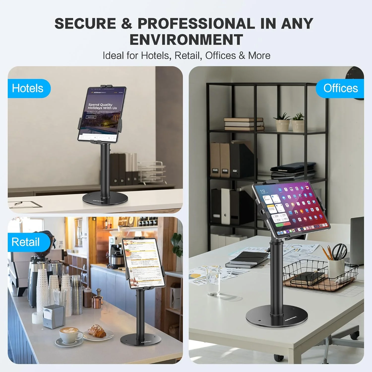 پایه کیوسکی تبلت AboveTEK POS - پایه قفل شونده تبلت جهانی برای دستگاه های 7.9 تا 11 اینچی، پایه امنیتی ضد سرقت با چرخش 360 درجه برای آیپد، آیپد ایر، سامسونگ، قابل تنظیم ارتفاع برای میز