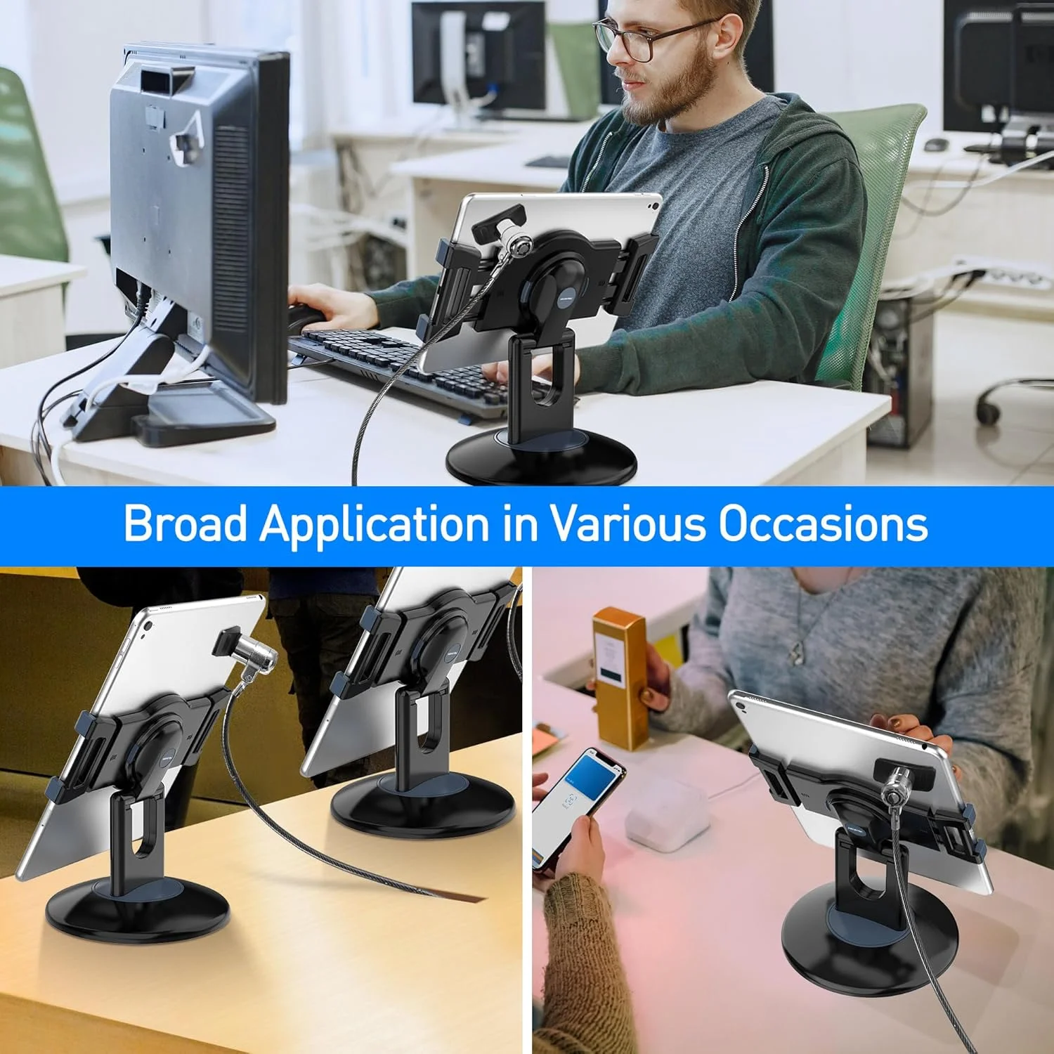 پایه نگهدارنده تبلت چرخان 360 درجه AboveTEK، مناسب برای آیپد مینی پرو 6 تا 13.5 اینچی، قفل لپ تاپ، کابل امنیتی قفل تبلت، کیت قفل آیپد فولادی بادوام با لنگرهای چسبی و 2 کلید