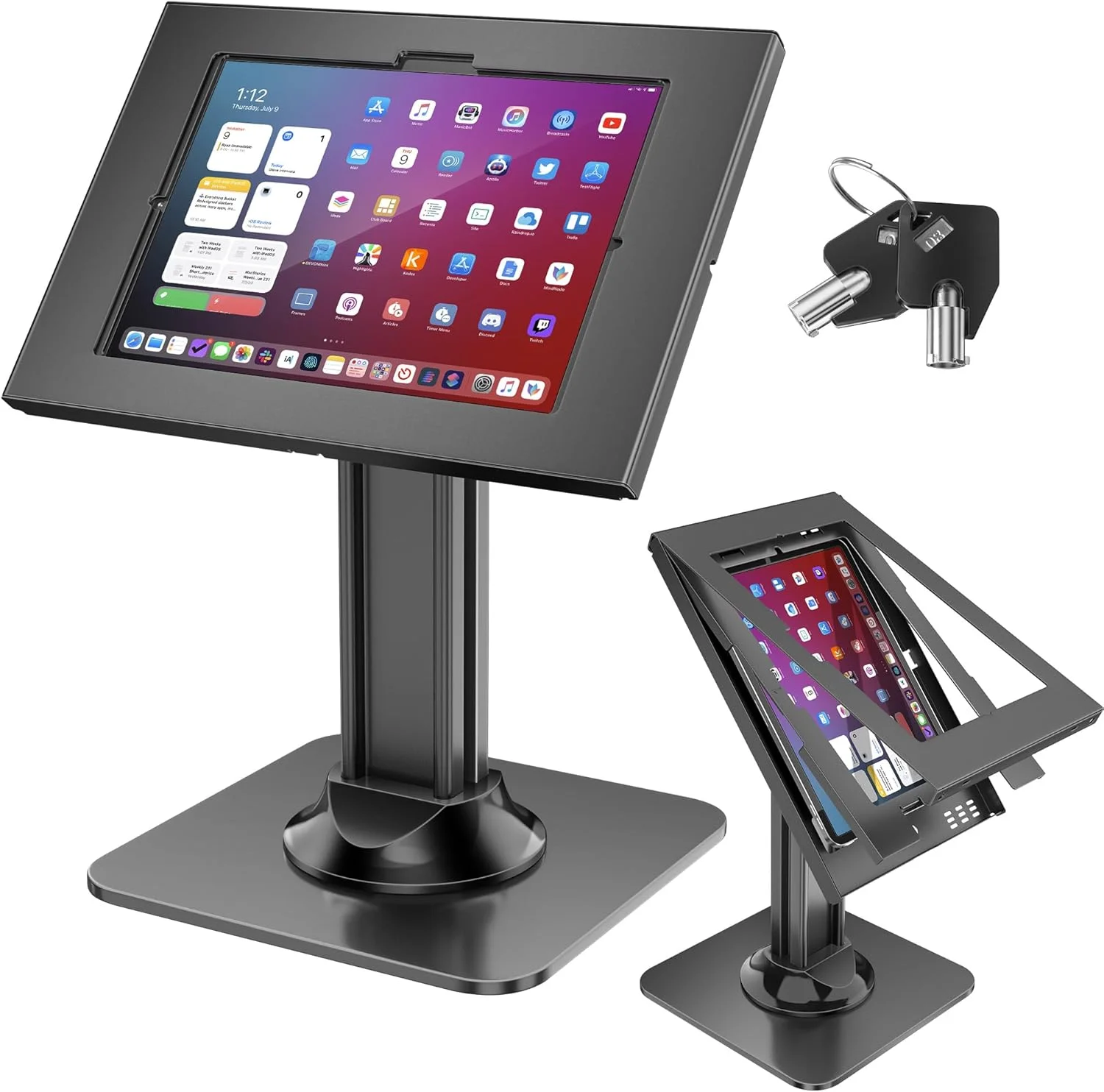 پایه کیوسک آیپد ضد سرقت AboveTEK، پایه های امنیتی آیپد POS، پایه تبلت قفل شونده آلومینیومی با پایه سنگین، چرخش 360 درجه و شیب 75 درجه، پایه رومیزی خرده فروشی برای استفاده تجاری و اداری (مشکی)