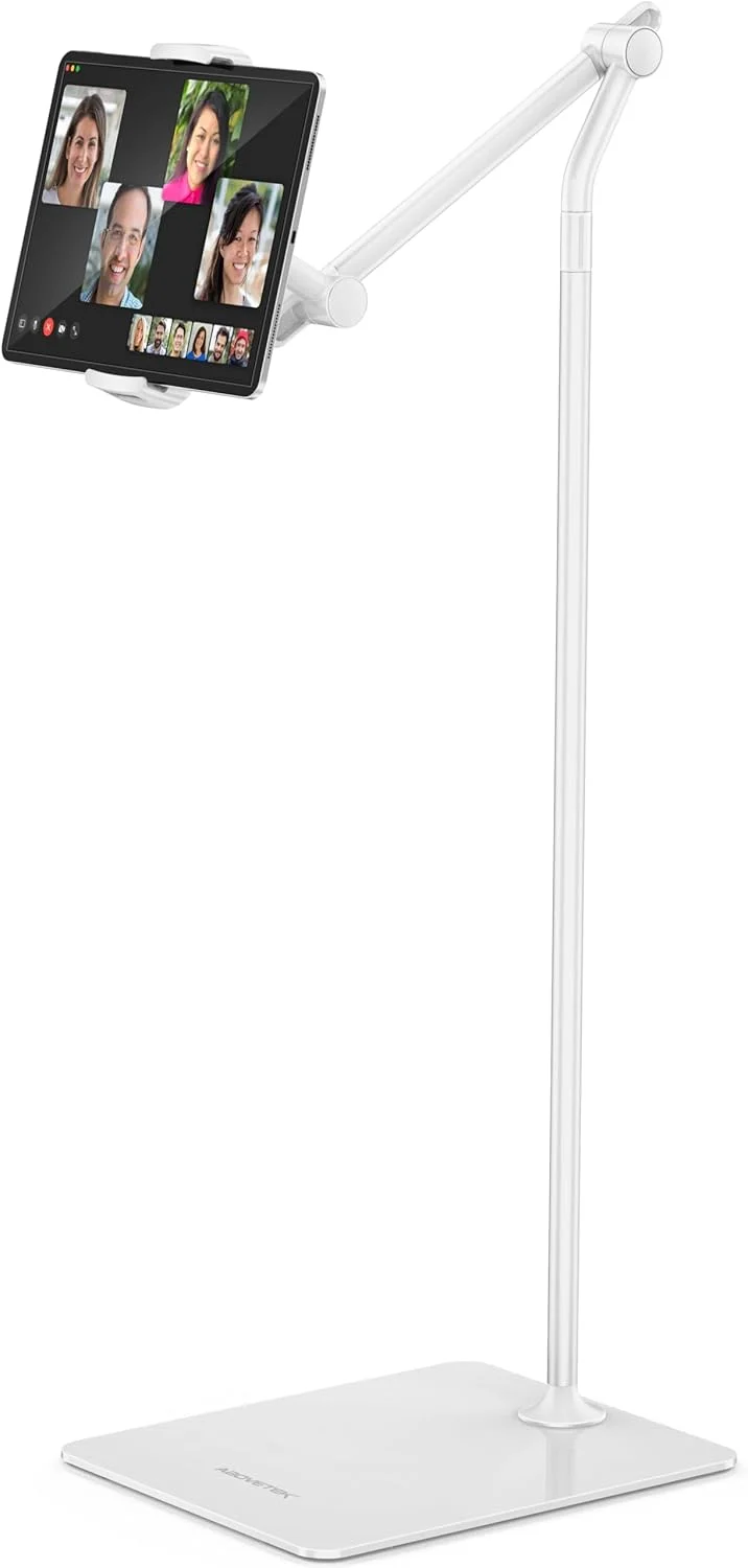 پایه نگهدارنده تبلت AboveTEK، پایه شیک و قابل تنظیم ارتفاع آیپد با پایه ثابت، نگهدارنده آلومینیومی با چرخش 360 درجه برای کنار تخت یا مبل، مناسب برای آیپد پرو 12.9/ایر/مینی 4.7-13.5 اینچی، گلکسی تب، آیفون، کیندل (سفید)