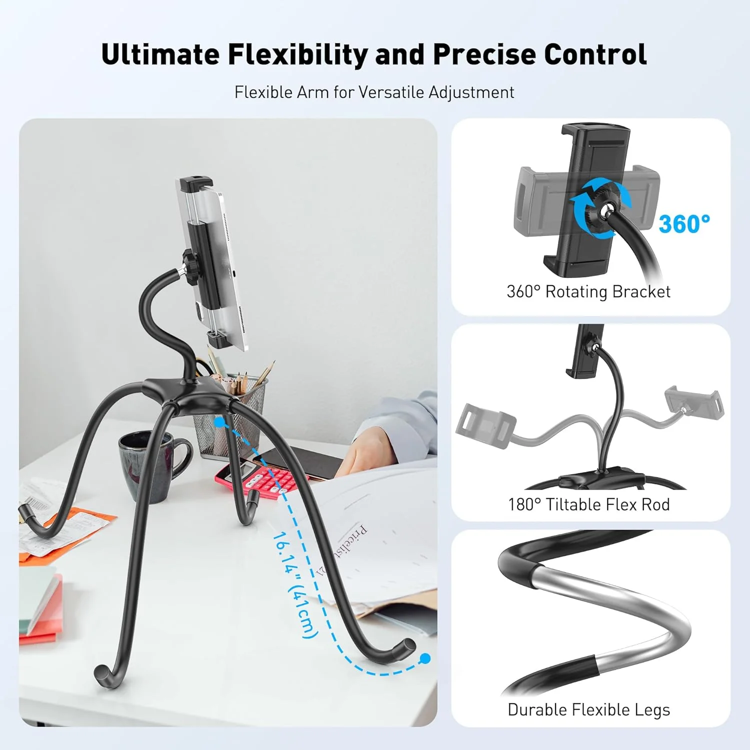 پایه نگهدارنده تبلت AboveTEK برای تخت، پایه نگهدارنده تبلت قابل تنظیم، نگهدارنده 360 درجه بدون دست برای مطالعه در تخت، سازگار با تبلت/آیپد/کیندل/تلفن/سامسونگ 4.7 تا 15.6 اینچی - بادوام و انعطاف پذیر