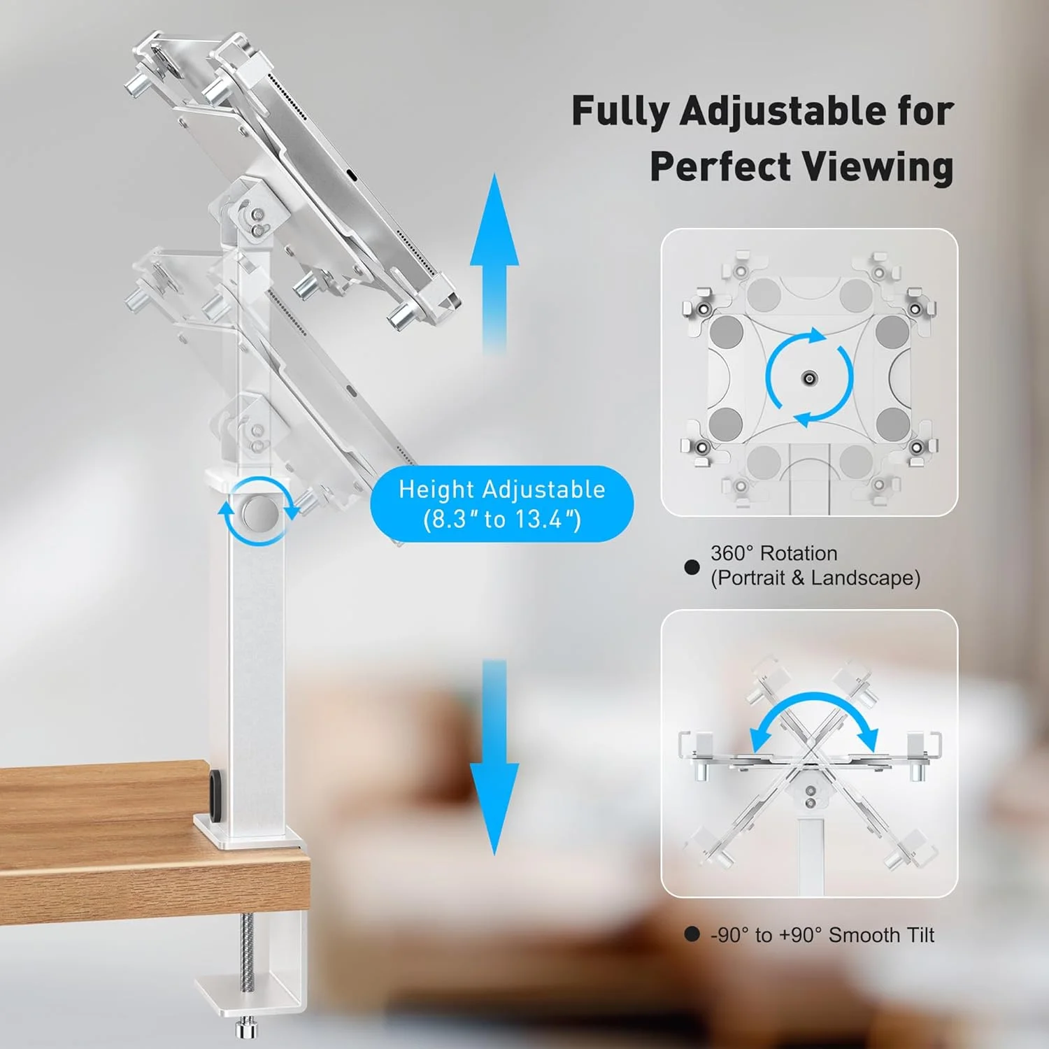 پایه گیره ای رومیزی آیپد AboveTEK، نگهدارنده تبلت قابل تنظیم با چرخش 360 درجه و شیب 180 درجه، مناسب برای تبلت های 9.7 تا 13 اینچی، پایه رومیزی تبلت آلومینیومی سنگین، ایده آل برای کار