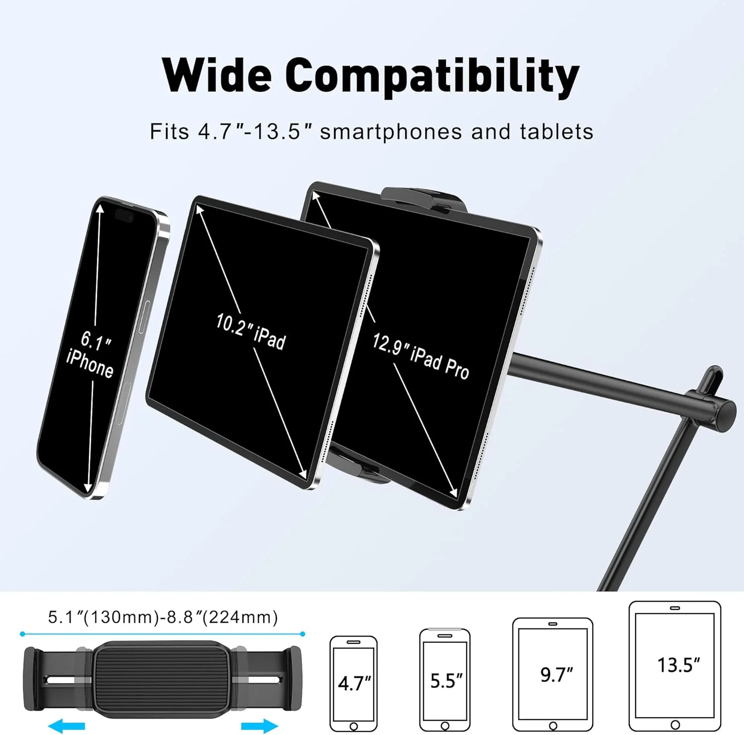 پایه نگهدارنده تبلت AboveTEK برای میز و تخت، بازوی نگهدارنده آیپد آلومینیومی با گیره چرخان 360 درجه، پایه تلفن قابل تنظیم سازگار با آیپد پرو/ایر/مینی 4.7 تا 13.5 اینچی، آیفون، گلکسی تب - مشکی
