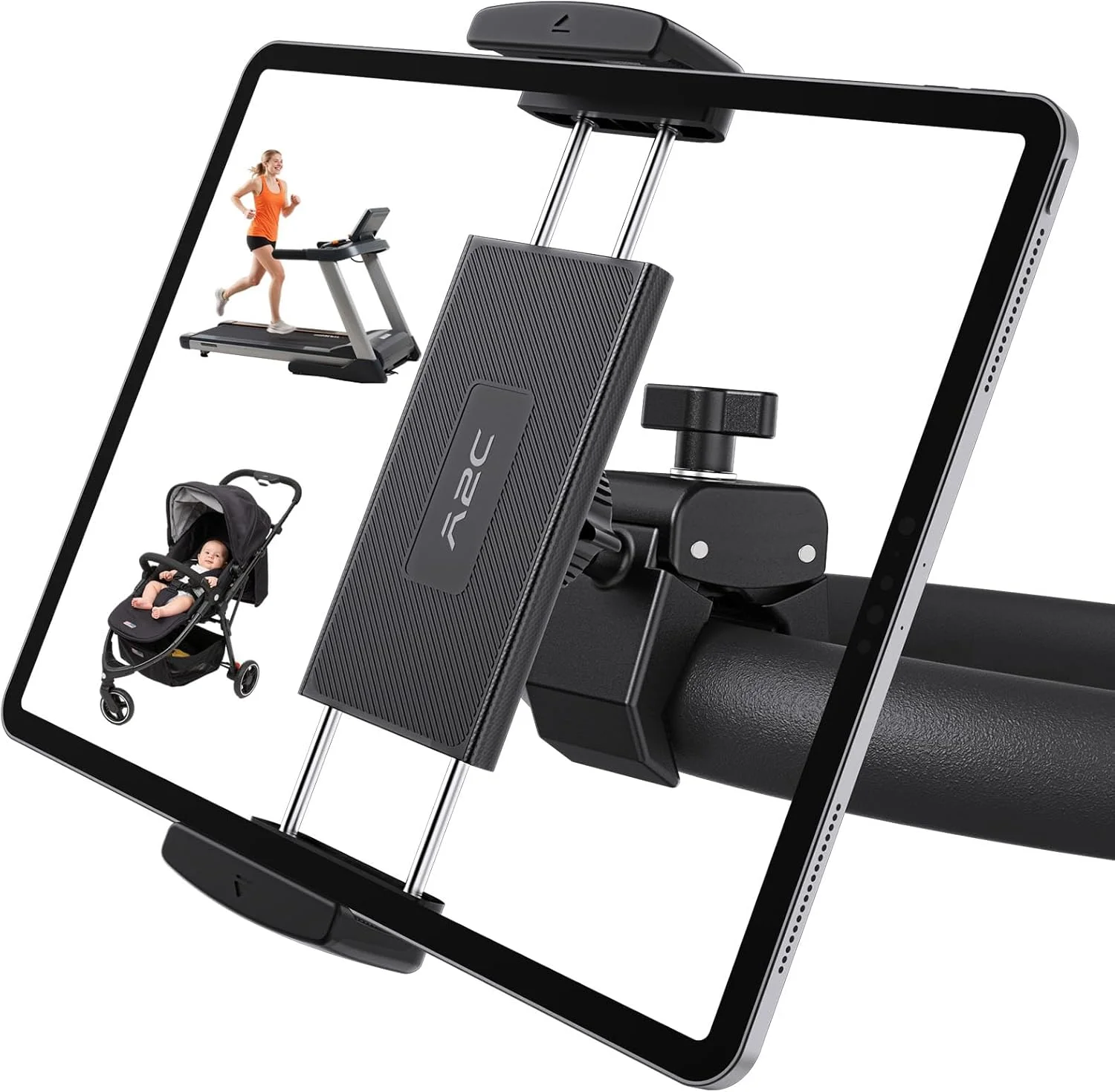 پایه تبلت یونیورسال A2C برای دوچرخه پلوتون - نگهدارنده آیپد قابل تنظیم برای تردمیل، دوچرخه ورزشی، دوچرخه اسپینینگ، کالسکه (لوله 0.5-1.65 اینچ)، سازگار با تلفن ها و تبلت های 4.7-13 اینچ