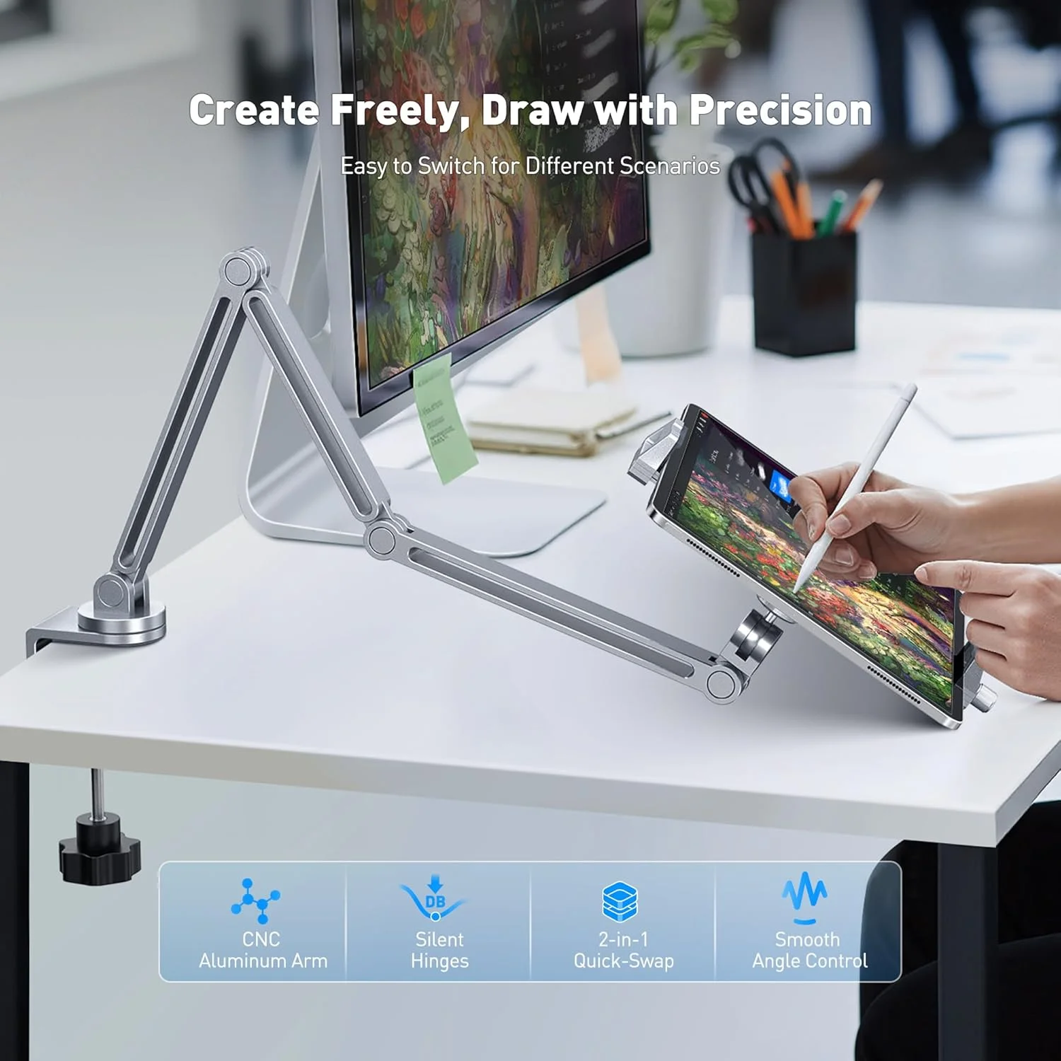 پایه آیپد رومیزی AboveTEK مدل 2 در 1، بازوی نگهدارنده آلومینیومی آیپد با گیره و سر حلقه مغناطیسی، پایه نگهدارنده تبلت قابل تنظیم 360 درجه، پایه گیره تختخواب برای آیپد ایر/پرو/مینی 4.7 تا 13 اینچی، گلکسی تب و تلفن