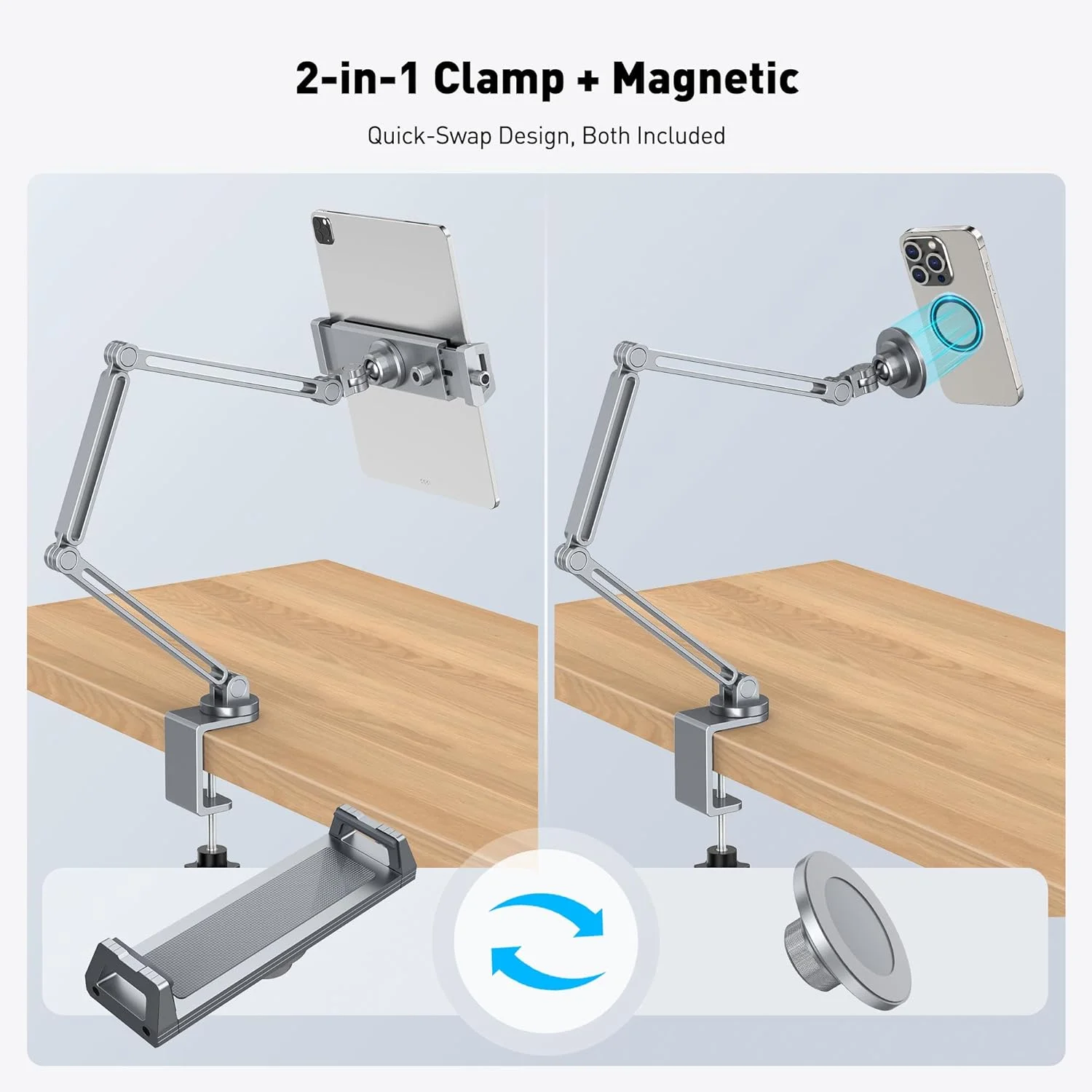 پایه آیپد رومیزی AboveTEK مدل 2 در 1، بازوی نگهدارنده آلومینیومی آیپد با گیره و سر حلقه مغناطیسی، پایه نگهدارنده تبلت قابل تنظیم 360 درجه، پایه گیره تختخواب برای آیپد ایر/پرو/مینی 4.7 تا 13 اینچی، گلکسی تب و تلفن