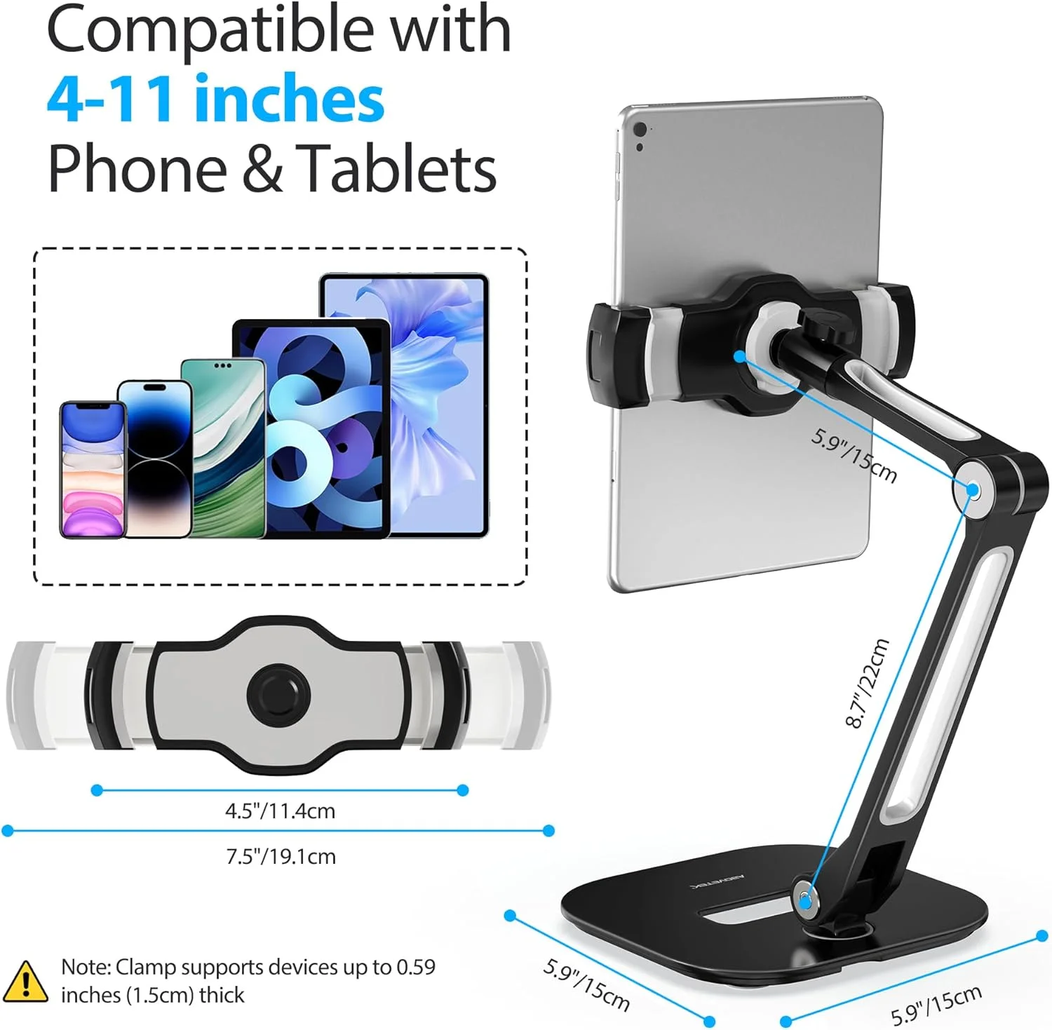 پایه تبلت AboveTEK، نگهدارنده تبلت آیپد با قابلیت تنظیم چند زاویه، پایه رومیزی آلومینیومی چرخان 360 درجه مناسب برای آیپد/مینی/ایر/پرو 4 تا 11 اینچی (قطری) برای کیوسک تجاری اداری - مشکی