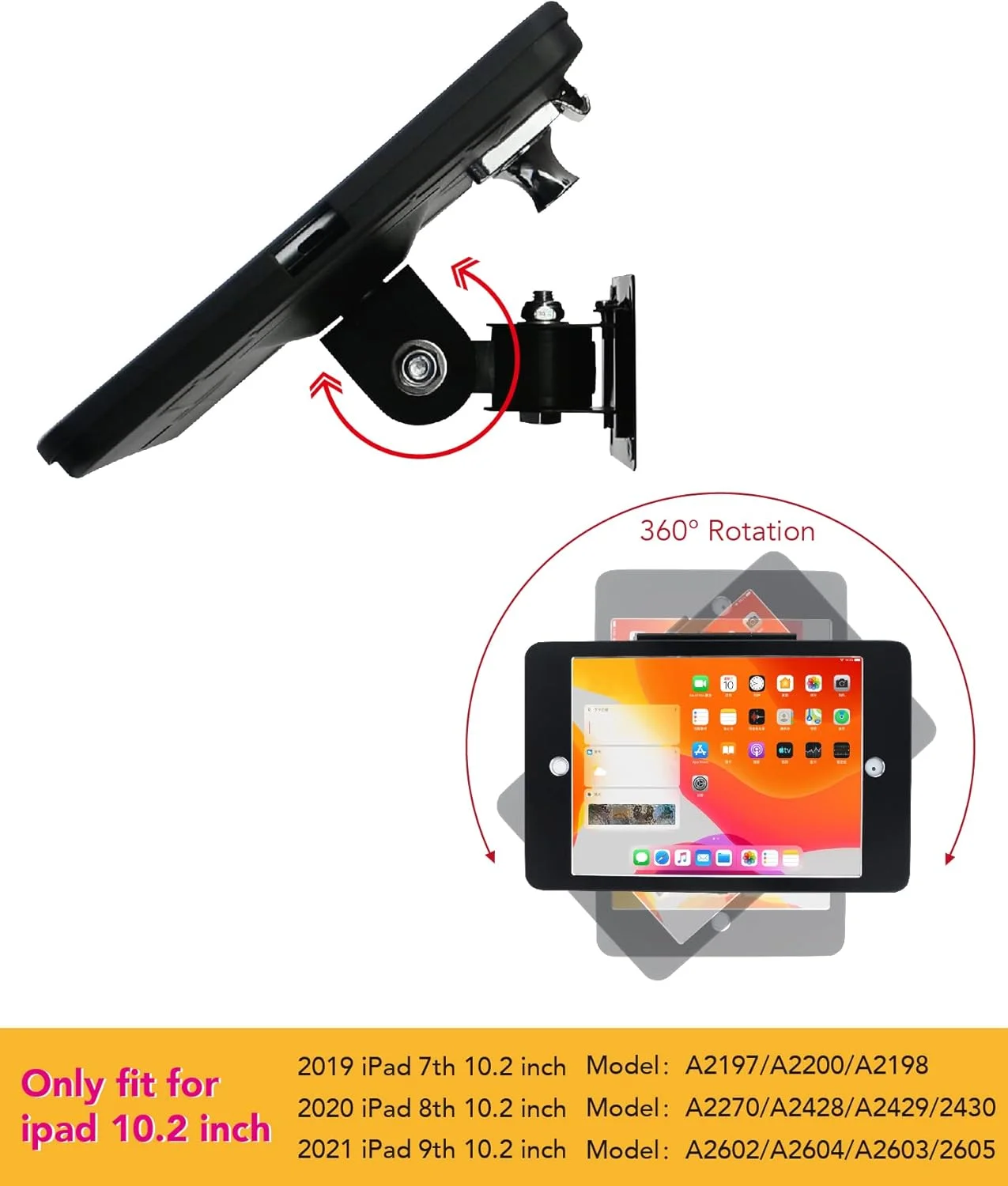 پایه دیواری تبلت برای آیپد 10.2 اینچی (نسل 7، 8، 9)، با قفل و کلید ضد سرقت، طراحی چرخشی با تنظیم دلخواه، چند زاویه، فلزی (مشکی)