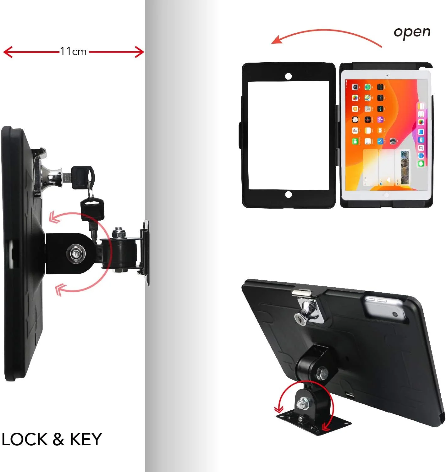 پایه دیواری تبلت برای آیپد 10.2 اینچی (نسل 7، 8، 9)، با قفل و کلید ضد سرقت، طراحی چرخشی با تنظیم دلخواه، چند زاویه، فلزی (مشکی)