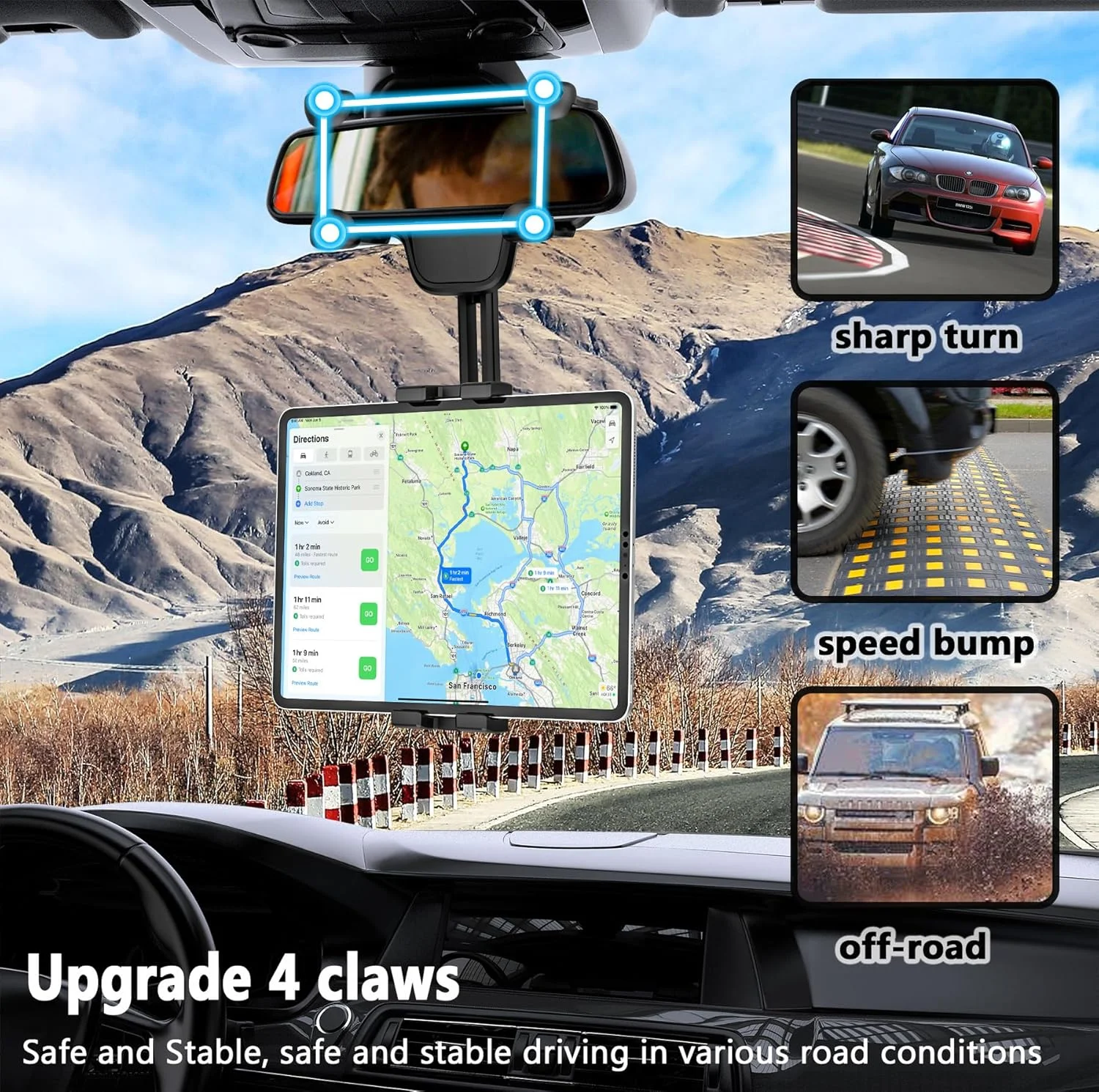 پایه نگهدارنده تبلت آینه عقب YOOZ برای خودرو و کامیون [چرخشی و جمع‌شونده]، گیره آینه عقب، نگهدارنده تبلت و گوشی ارتقا یافته با 4 گوشه برای پرو ایر مینی، گلکسی تب، آیفون، دستگاه‌های 4 تا 11 اینچی