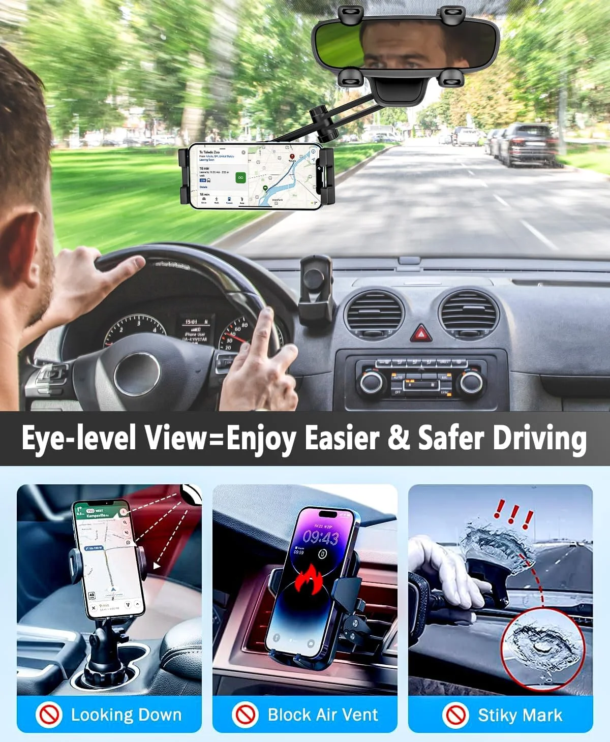 پایه نگهدارنده تبلت آینه عقب YOOZ برای خودرو و کامیون [چرخشی و جمع‌شونده]، گیره آینه عقب، نگهدارنده تبلت و گوشی ارتقا یافته با 4 گوشه برای پرو ایر مینی، گلکسی تب، آیفون، دستگاه‌های 4 تا 11 اینچی