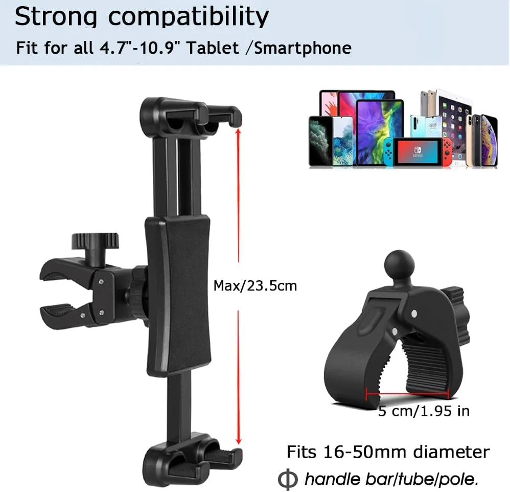 پایه نگهدارنده تبلت برای دوچرخه ثابت، با قابلیت تنظیم 360 درجه - پایه نگهدارنده تبلت برای تردمیل - پایه نگهدارنده گوشی و تبلت برای دوچرخه ورزشی داخل خانه، مناسب برای دستگاه‌های 4.7 تا 12.9 اینچی آیفون، آیپد/پرو مینی/ایر