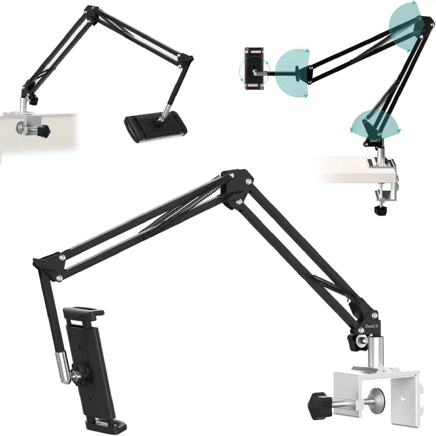 نگهدارنده تبلت با بازوی چرخشی بلند، پایه تبلت بازوی قفل شونده آلومینیومی قابل تنظیم 3 سطح برای آیپد و تلفن های هوشمند 4.5-13.5 اینچی (مشکی)