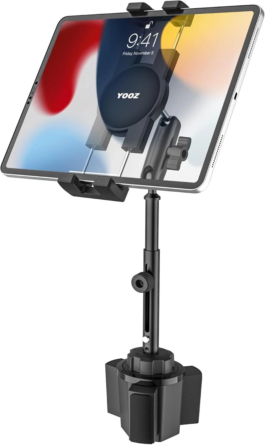 پایه نگهدارنده تبلت یوز داخل خودرو [طراحی تلسکوپی بازوی فلزی] پایه نگهدارنده آیپد داخل جا لیوانی مناسب کامیون، کاروان با بازوی بلند قابل تنظیم برای آیپد پرو ایر مینی، گلکسی تب، کیندل، فایر، گوشی و تبلت های 4 تا 13 اینچی