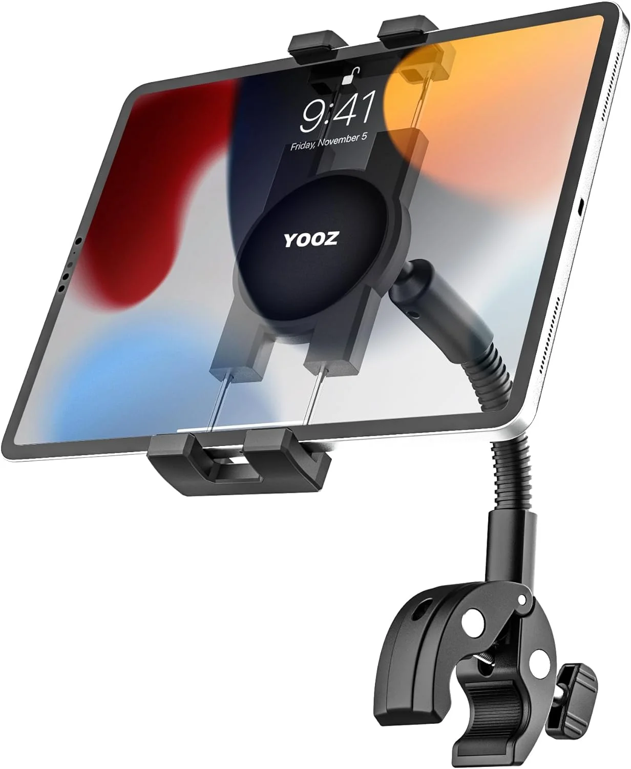 نگهدارنده تبلت YOOZ برای فرمان دوچرخه، کالسکه، ویلچر موتور سیکلت [بازوی گردن غازی فلزی] گیره نصب دوچرخه تردمیل قایق برای تبلت و تلفن، آیپد پرو ایر مینی، گلکسی تب، کیندل، 4-13 اینچ