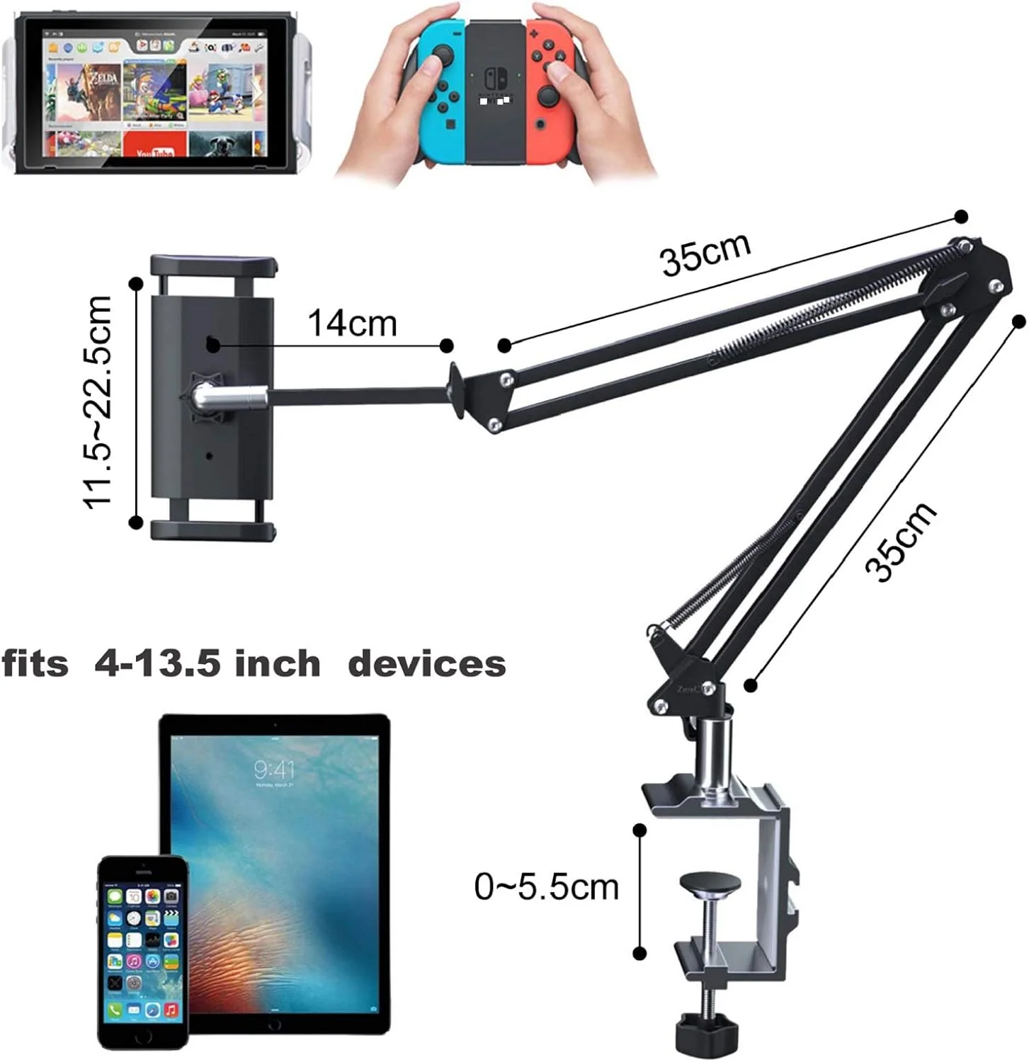 نگهدارنده تبلت با بازوی چرخشی بلند، پایه تبلت بازوی قفل شونده آلومینیومی قابل تنظیم 3 سطح برای آیپد و تلفن های هوشمند 4.5-13.5 اینچی (مشکی)
