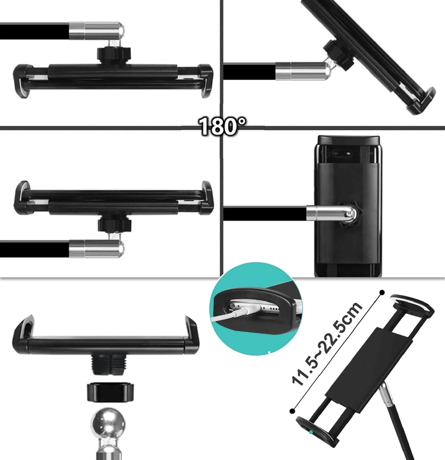 نگهدارنده تبلت با بازوی چرخشی بلند، پایه تبلت بازوی قفل شونده آلومینیومی قابل تنظیم 3 سطح برای آیپد و تلفن های هوشمند 4.5-13.5 اینچی (مشکی)